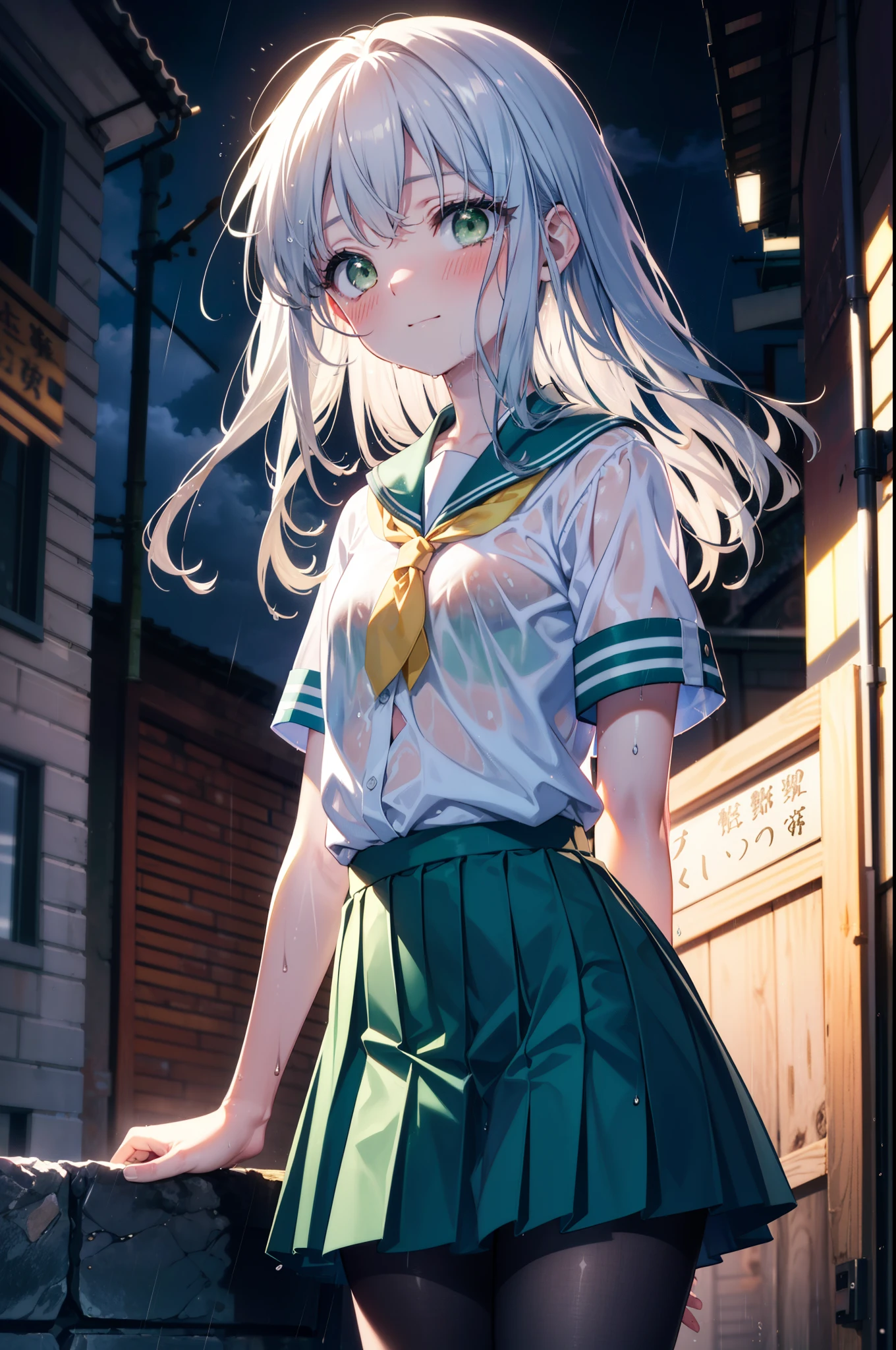 index, index, (Green Eyes:1.5), Silver Hair, Long Hair, (Flat Chest:1.2),smile,blush,Embarrassing,Wet Hair,Wet Skin,Wet clothes,Wet Skirt,Wet pantyhose,Wet Loafers,Upper Eyes, uniform(Blue sailor suit),Short sleeve,Yellow pleated skirt,Black pantyhose,Brown Loafers,rain,cloudy,屋根がある建物でrainから隠れる,rain宿り,Puddle,evening,cloudy空,
break looking at viewer, Upper Body, whole body,(Cowboy Shot:1. 5)
break otdoors,In town,Building district,
break (masterpiece:1.2), highest quality, High resolution, unity 8k wallpaper, (figure:0.8), (Beautiful fine details:1.6), Highly detailed face, Perfect lighting, Highly detailed CG, (Perfect hands, Perfect Anatomy),