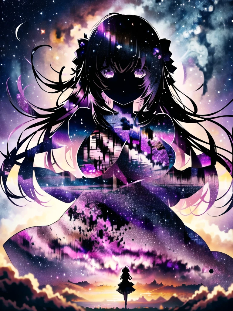 masterpiece, best quality, hoshinoai, purple eyes, (silhouette:1.3), big breasts, star (sky), dress 