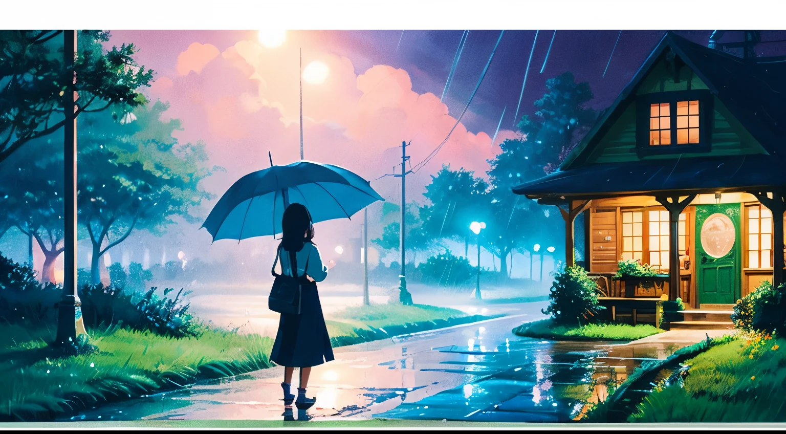 rain　Cafe　night　Ghibli-style illustrations