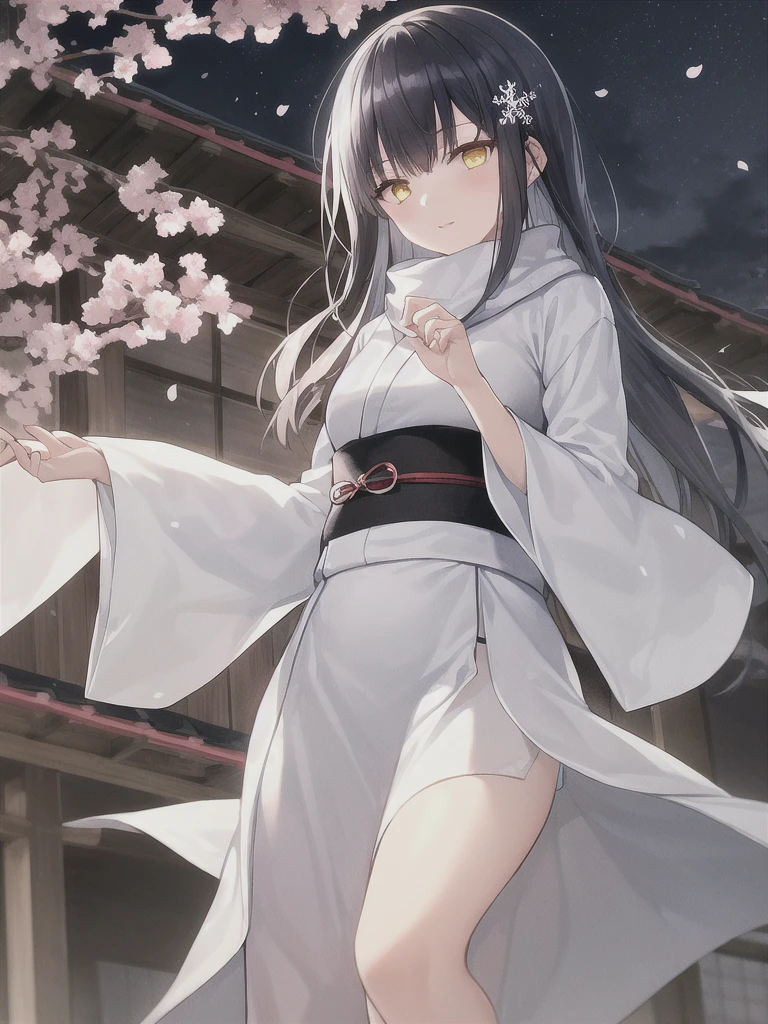 One girl with long mixed colored black, blue and white hair with two wavy black horizontal lines on one side of the head, Large and yellow eyes, with many rings in them, serious, kimono, Yuki Onna, midriff, evening, yokai, wearing a long white scarf with one end covering the back, and a furisode with snowflake patterns along the edges and the bottom of the sleeves, wind, cherry blossoms, leaves, , old japanese house