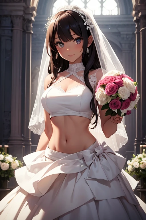 girl, crop top bridal dress showing navel, marry , holding a bouquet