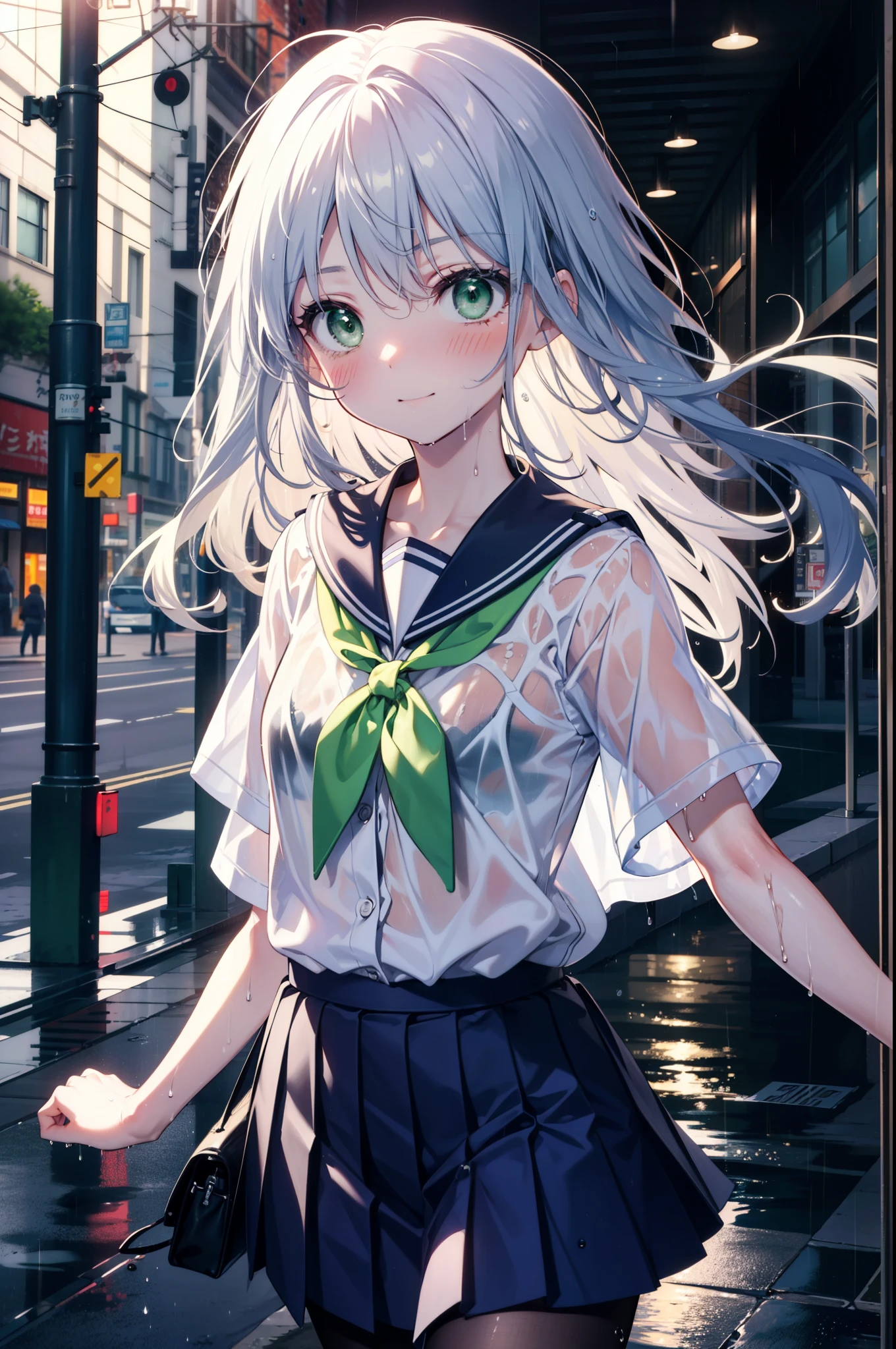 index, index, (Green Eyes:1.5), Silver Hair, Long Hair, (Flat Chest:1.2),smile,blush,Embarrassing,Wet Hair,Wet Skin,Wet clothes,Wet Skirt,Wet pantyhose,Wet Loafers,Upper Eyes, uniform(Blue sailor suit),Short sleeve,Yellow pleated skirt,Black pantyhose,Brown Loafers,rain,cloudy,屋根がある建物でrainから隠れる,rain宿り,Puddle,evening,cloudy空,
break looking at viewer, Upper Body, whole body,(Cowboy Shot:1. 5)
break otdoors,In town,Building district,
break (masterpiece:1.2), highest quality, High resolution, unity 8k wallpaper, (figure:0.8), (Beautiful fine details:1.6), Highly detailed face, Perfect lighting, Highly detailed CG, (Perfect hands, Perfect Anatomy),