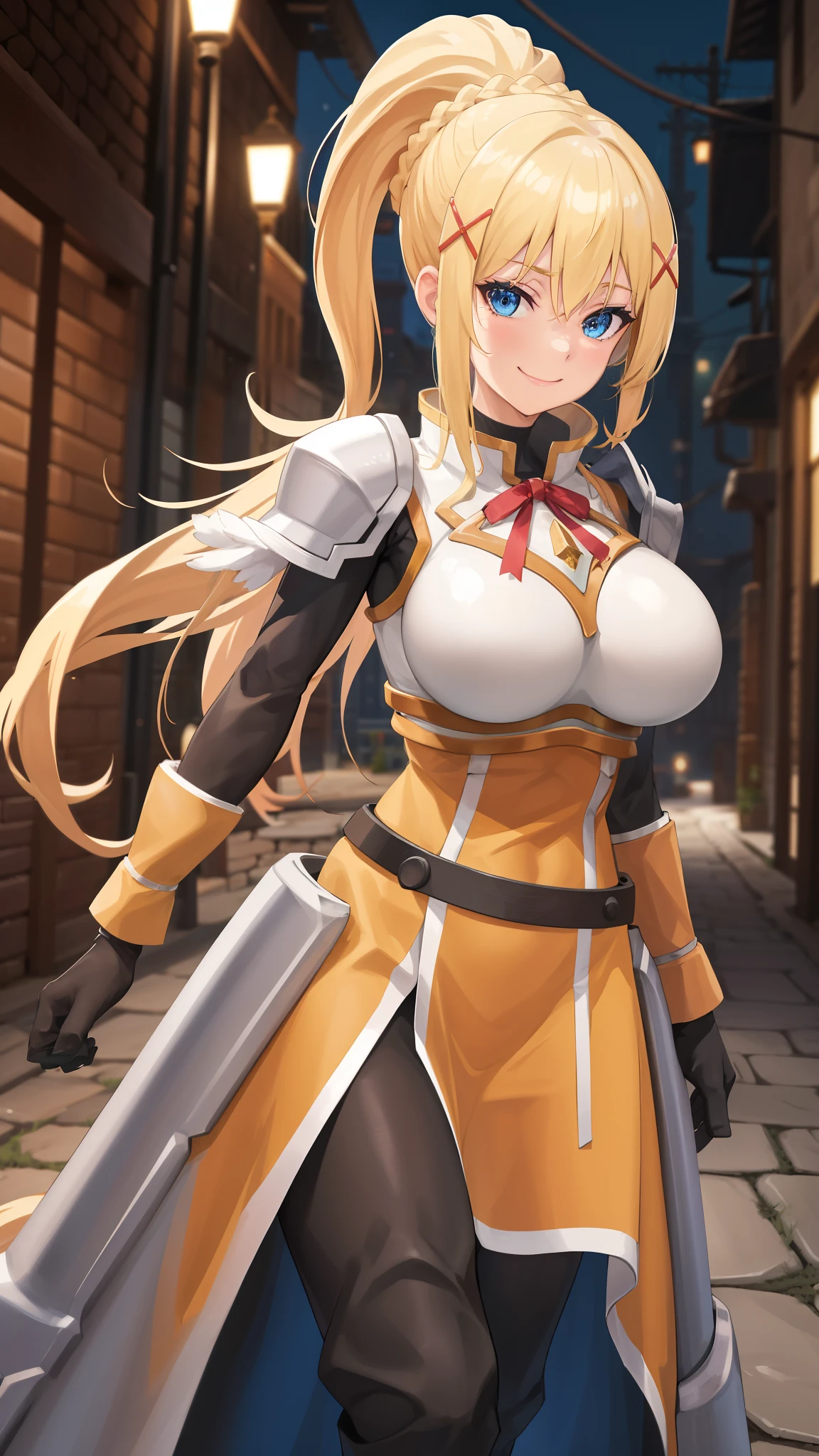 best quality, highres, 1girl, long hair, blonde hair, x hair ornament, armor, blue eyes, ponytail, hair ornament, gloves, shoulder armor, braid, black gloves, pauldrons, white boots, darkness \(konosuba\), ((large breasts)), ((huge breasts)), cowboy shot, dark and  city alley , smile,