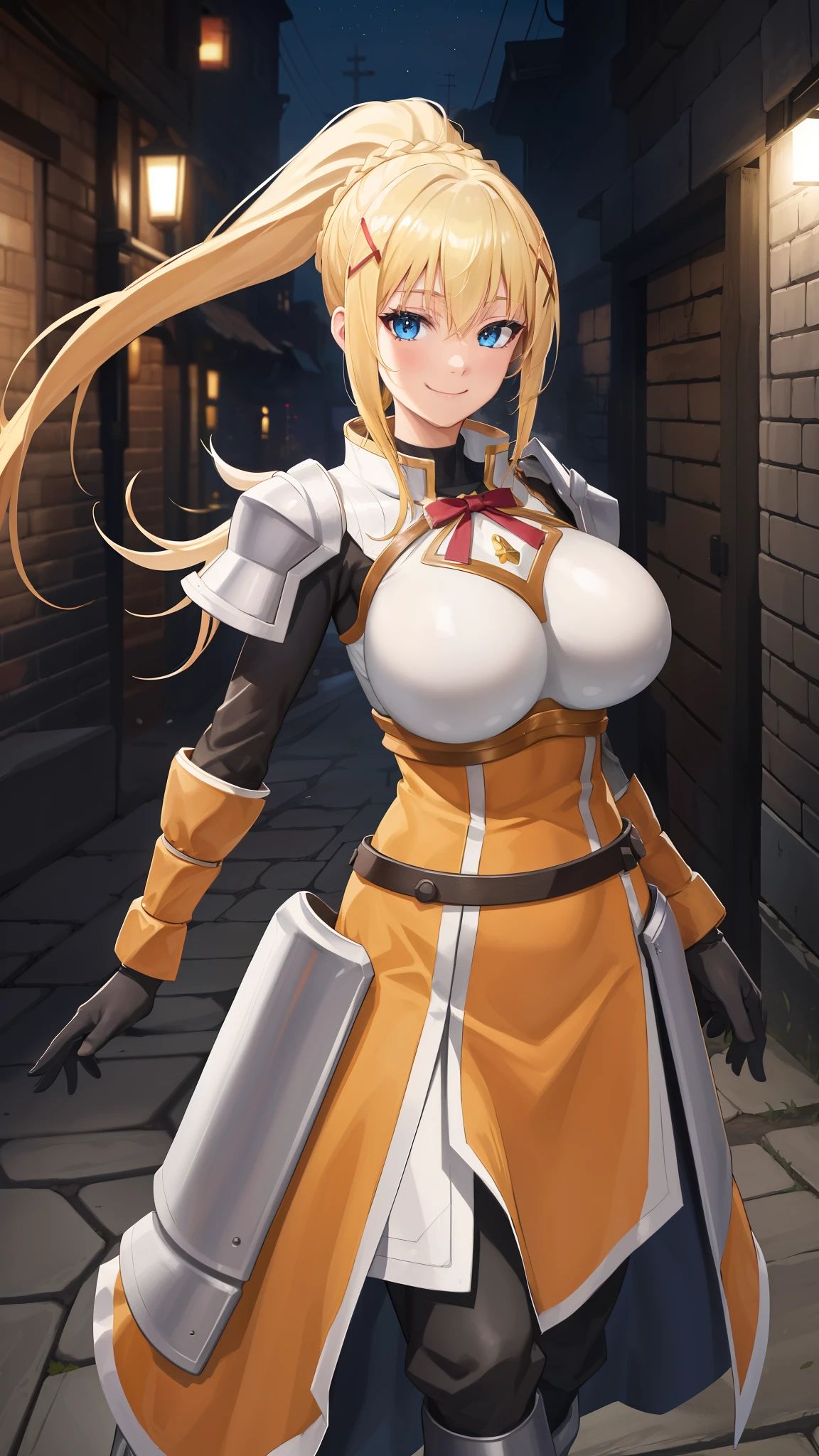 best quality, highres, 1girl, long hair, blonde hair, x hair ornament, armor, blue eyes, ponytail, hair ornament, gloves, shoulder armor, braid, black gloves, pauldrons, white boots, darkness \(konosuba\), ((large breasts)), ((huge breasts)), cowboy shot, dark and  city alley , smile,