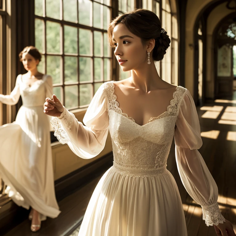 Imagine an image created with AI for a Zexy press release, featuring a woman in her 30s wearing a white wedding dress. The dress is elegant, with intricate lace detailing on the bodice and long, sheer sleeves. The skirt flows gracefully, with a long train trailing behind her. Her hair is styled in a simple updo, accentuating her calm expression. The background is softly blurred to emphasize the woman's graceful form. Soft sunlight streams through large windows, casting gentle shadows and enhancing the ambiance of the scene.