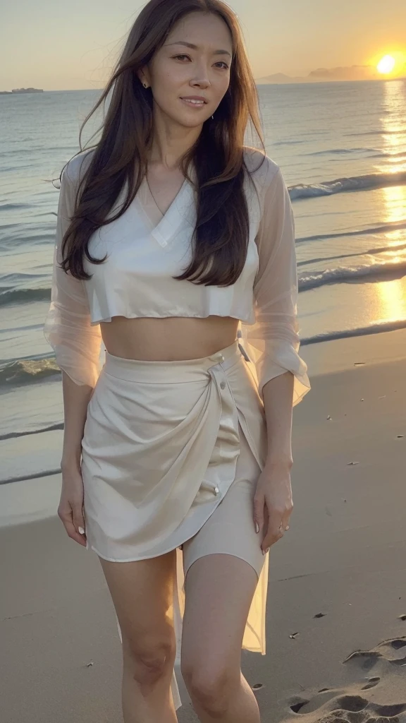 ((Top Quality)), ((8K)), ((Masterpiece: 1.3)), (Perfect Appearance), (Photorealism: 1.6), (Japanese woman walking on the beach with the sunset in the background: 1.4), (sandy beach at sunset), (The sea dyed red by the sunset), (The setting sun is dazzling), (Backlit), (Mont Saint Michel can be seen in the background: 1.2), japanese woman, (48 years old), ((Standing upright, facing forward, center of screen)), ((Realistic skin texture)), (Fine wrinkles throughout the skin: 1.3), (Dull skin: 1.1), (Skin without moisture: 1.2) , (Wrinkles on the face: 0.9), (Wrinkles on the corners of the eyes: 1.2), Double eyelids, tear bags on the lower eyelids, (Crying moles: 0.9), The eyes are looking here, serious gaze, (Dimples: 1.2), smile with the corners of the mouth raised wide, straight medium length, hair fluttering in the wind, soft fabric blouse, (transparent blouse: 1.3), (Plump and glamorous body), (wide sleeves), (Cuffs that fit your wrist), (The hem of the blouse is tucked into the skirt: 1.2), (long skirt: 1.2), (Bare feet wet with seawater), (whole body: 1.3), Angle from feet: 1.2,