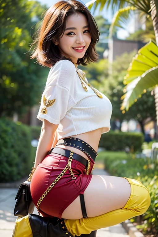thin bra; ((belly exposed)); short pants to the crotch; metal-embellished outfit; extremely beautiful girl; red bra; ((black and yellow pants)); Stylish hand holding a handbag; ((smiling))