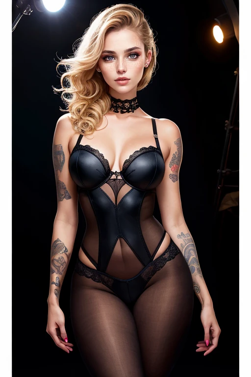 (highres,realistic) A beautiful girl in black translucent underwear, with striking blue eyes and blonde hair. Her modern hairstyle complements her modern makeup. She stands tall, showcasing her slender legs. A tattoo on her thigh adds an element of intrigue. Completing her look, she wears high-heeled shoes. The image captures the essence of a confident and alluring woman. Illuminate the scene with studio lighting, highlighting her captivating features. The colors are vibrant and vivid, enhancing the overall impact of the image.