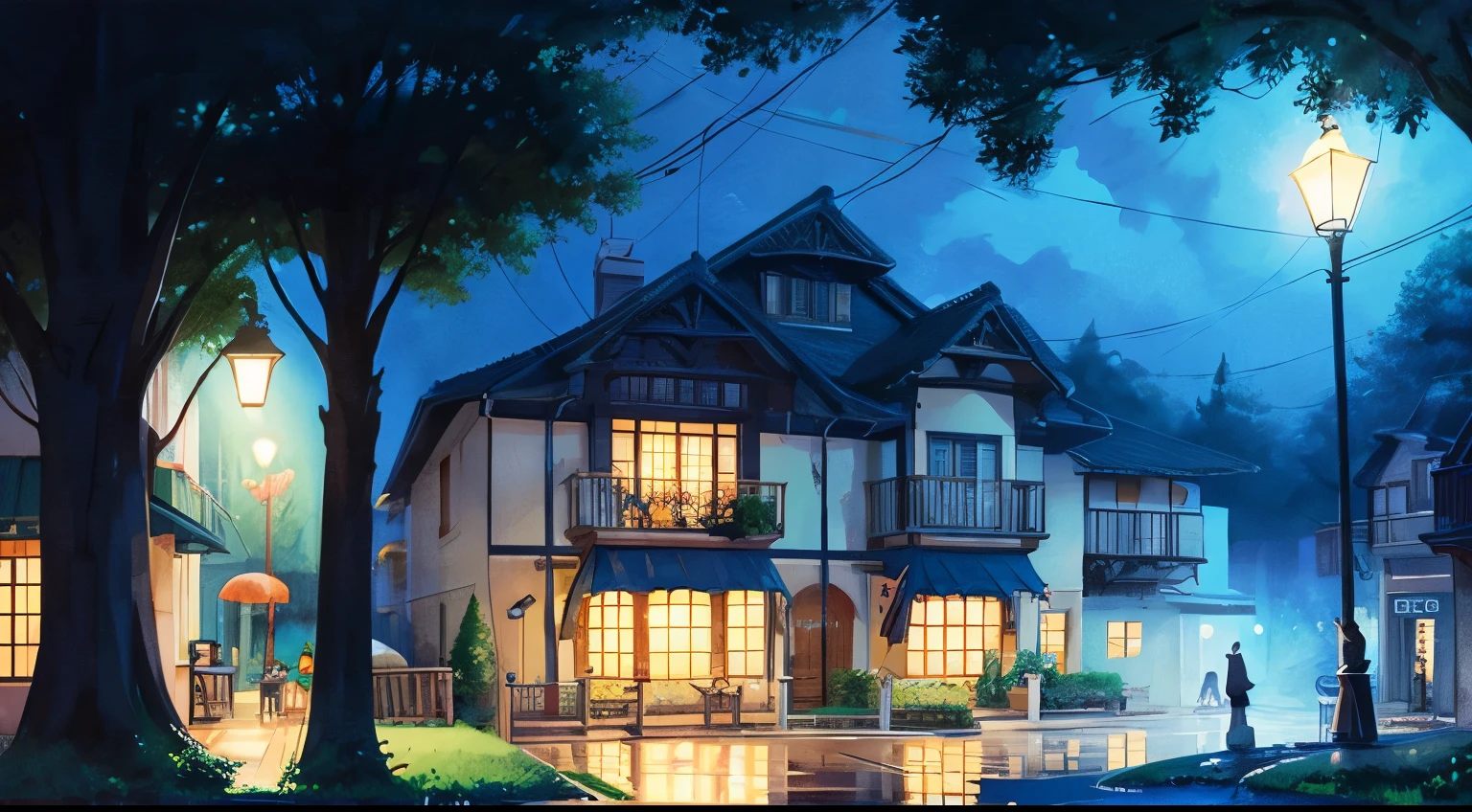 rain Cafe night Ghibli-style illustrations study girl