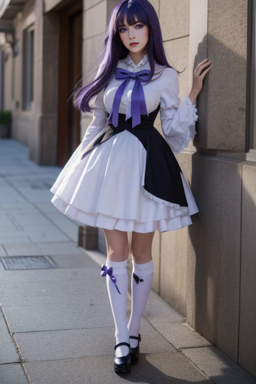 (masterpiece, best quality), 1girl, frederica bernkastel, purple eyes, purple hair, long hair, purple bow, dress, frills, white kneehighs,  kneehighs bow, mary janes, amazingly beautiful girl, 32k RAW photography, professional photoshoot, 