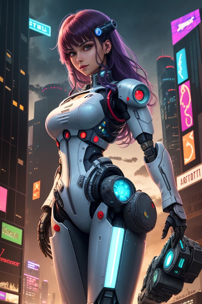 dystopia, [Sci-Fi], High Detail RAW Color Photo, ((full-shot)), rear angle, de (cute female arterial intelligence, wearing (Transparent white chemiza)), (Kim Kardashian), exteriors, Standing, On Overbow, Looking at the sprawling skyline of a cyberpunk city, Toned physique, ass big, (Very long purple hair), (pale skin), a perfect face, seductive gaze, (cybernetic implants:1.2), (augmentations), (Cyborg:1.1), (detailed skin, diffused skin pores), silicone, Metal, (Highly detailed, fine details, Intricate), (lens flare:0.5), (bloom:0.5), smog, Dust, (badlands:0.8), (observatory:0.7), ray traced, specular lighting, Shallow depth of field, photographed on a Sony Alpha 1, EF 85mm lens, f/2.8, hard focus, Smooth, cinematic film still, [ciberpunk:Orvelian:12]