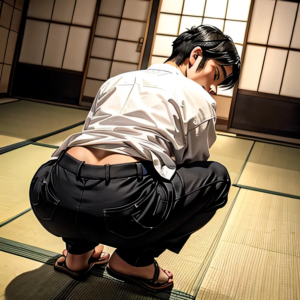 （Highest quality）,((Pretty low angle,From behind, Back Focus)),(1 person,male,Japanese,30th Generation,Black Hair),alone,(White),(Squat on the floor)