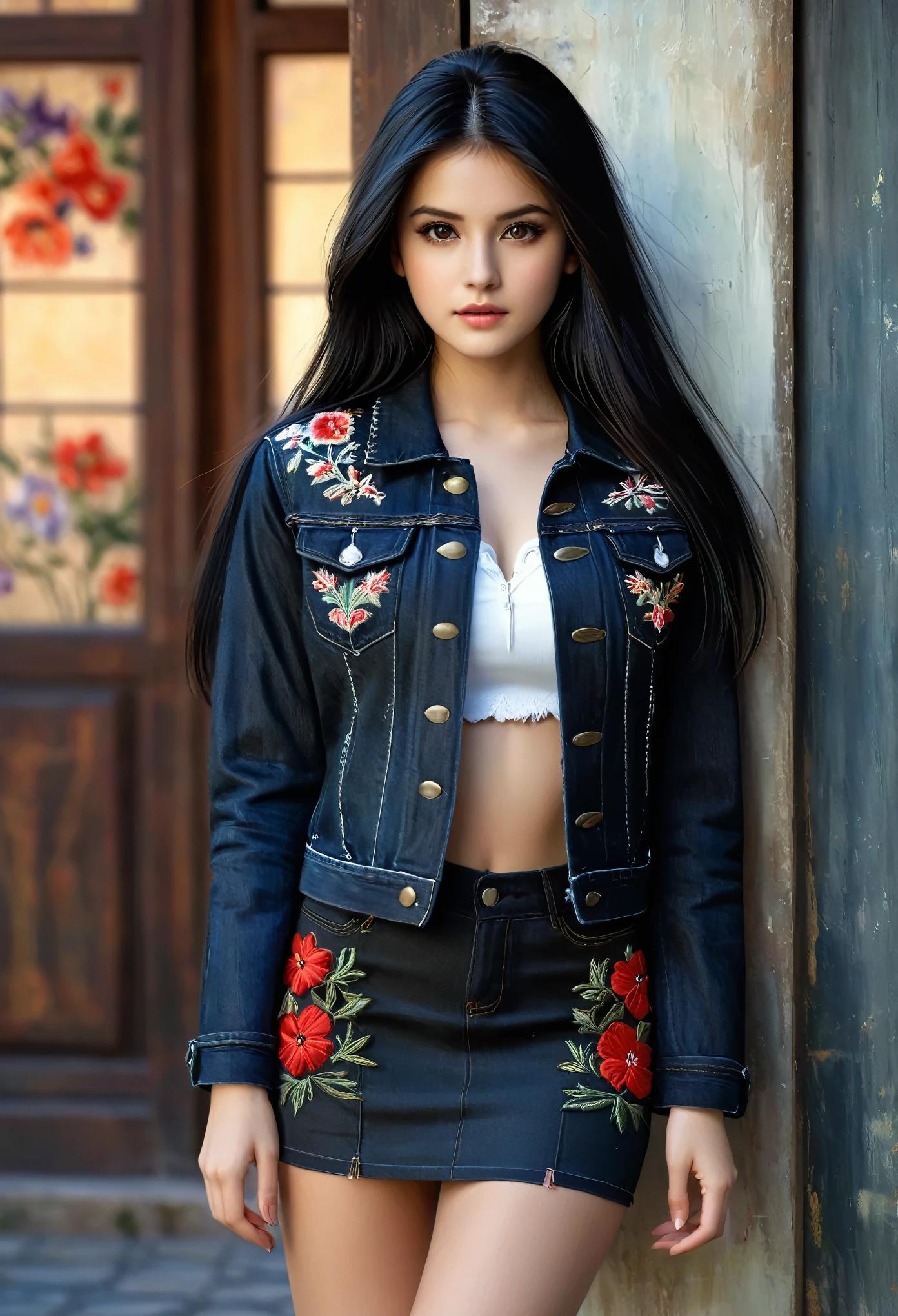 Beautiful girl dressed in short skirt and embroidered black denim jacket, long black hair and brown eyes, pale skin, realistic, cute, detailed painting, sharp, plump body, medium breast, dramatic lighting, background shooping centre, shooping centre background,
Style by Gabriele Dell'otto, AI Midjourney, bright saturated colors, watercolor, oil paints,   HDR, 500px, 4k,