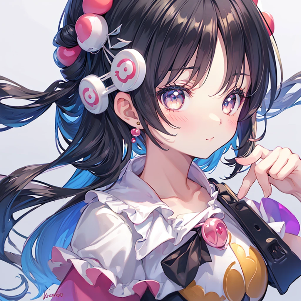 ((masutepiece)), ((Best Quality)), (Ultra-detailed), ((kawaii)), Cute, (lovely), Upper body, Focus on face0, Cute  s, 1girl in, Solo, Beautiful black hair, Beautiful black eyes, (Big eyes),((Beautiful eyes)), head phone, lightsmile