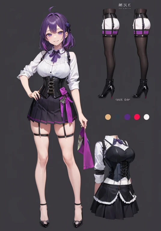 Purple hair,Rong hair,Adult female,Bartender,((Body harness)),((Rolling up your sleeves shirt)),(Corset),(Tight skirt),Garter belt,High heels,((Simple background)),Smile,((Full body)),((whole body)),Character Sheet,