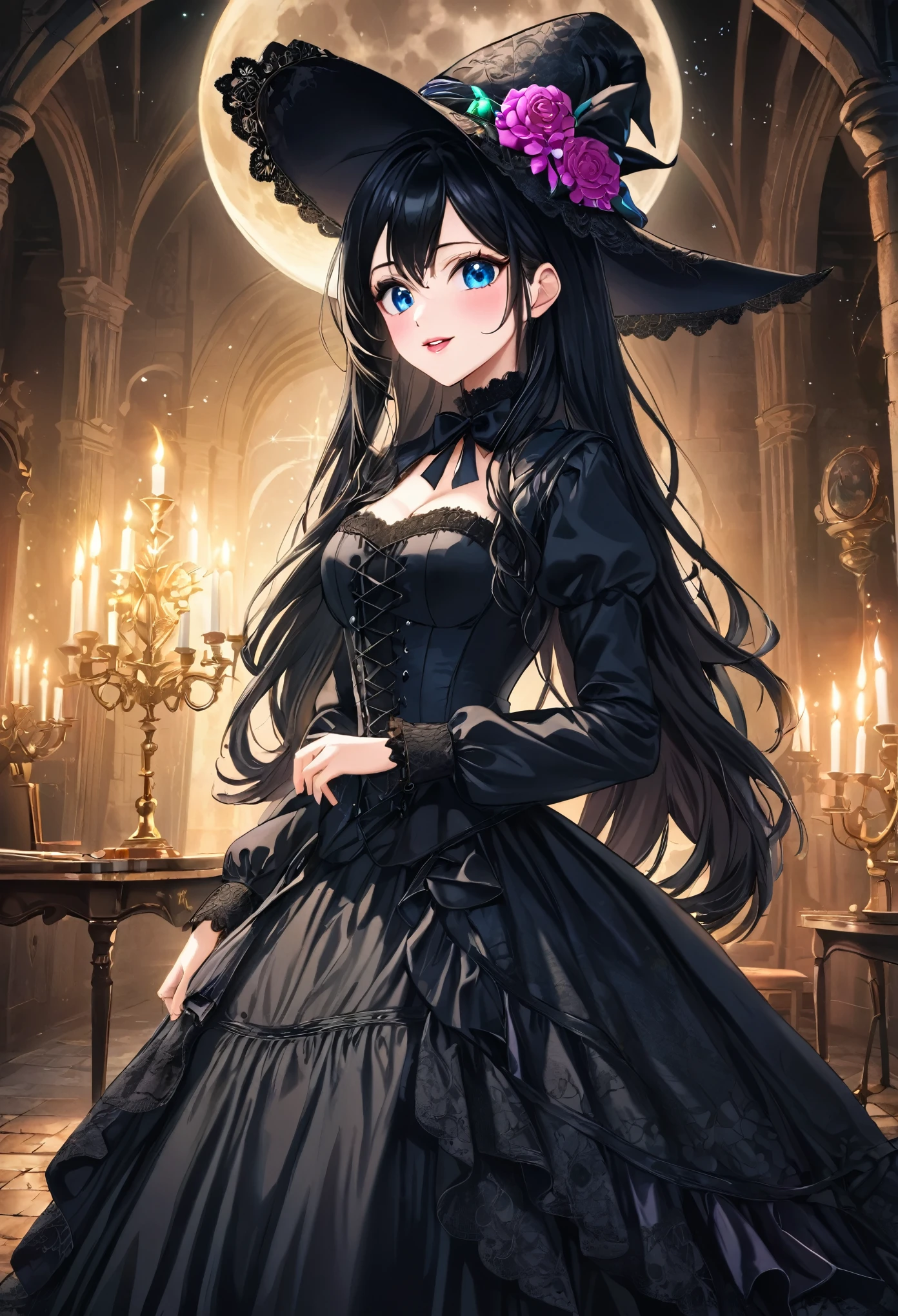 best quality,ultra-detailed,realistic,photorealistic,blue-eyed,long-haired girl looks happy,beautiful detailed eyes,beautiful detailed lips,long eyelashes,best quality painting,detailed,physically-based rendering,ultra-fine painting,fine details,painting,a teenage boy a teenage boy joins a witch coven and he gets magically transformed into a cute teenage witch girl, she loves her new identity has a maiden of witchcraft and eager to learn magic,gender bending,witches are helping dressing up the new girl,girl happily getting dressed in a stunning black victorian dress, physically-based rendering,gorgeous dress design,flowing gown,elaborate lace details,rich textures,contrast stitching,delicate ribbon bows,floral accents,full skirt,high neckline,long sleeves,fitted waistline,flared cuffs,lace-up back,luxurious fabrics,flawless silhouette,high heels, pink-eyed girl,effeminate face,pointy hat,high heels,corset,long black hair,witches assisting in dressing up the new girl in a stunning black Victorian dress, inside an abandoned castle with worned out furniture and occult symbol, happy and excited expression, joyful and radiant vibe, moonlit night with a full moon shining above, soft and ethereal lighting, high resolution, 4K, 8K