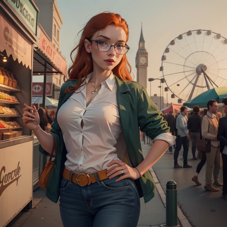 A very good looking 28 year old ginger haired female with large green eyes, glasses and heavily freckled pale skin. Carnival. Ferris wheel. Festival. Bright. Colourful. Fully clothed. Nice clothing. . collared shirt. Jacket. Slim. Narrow hips