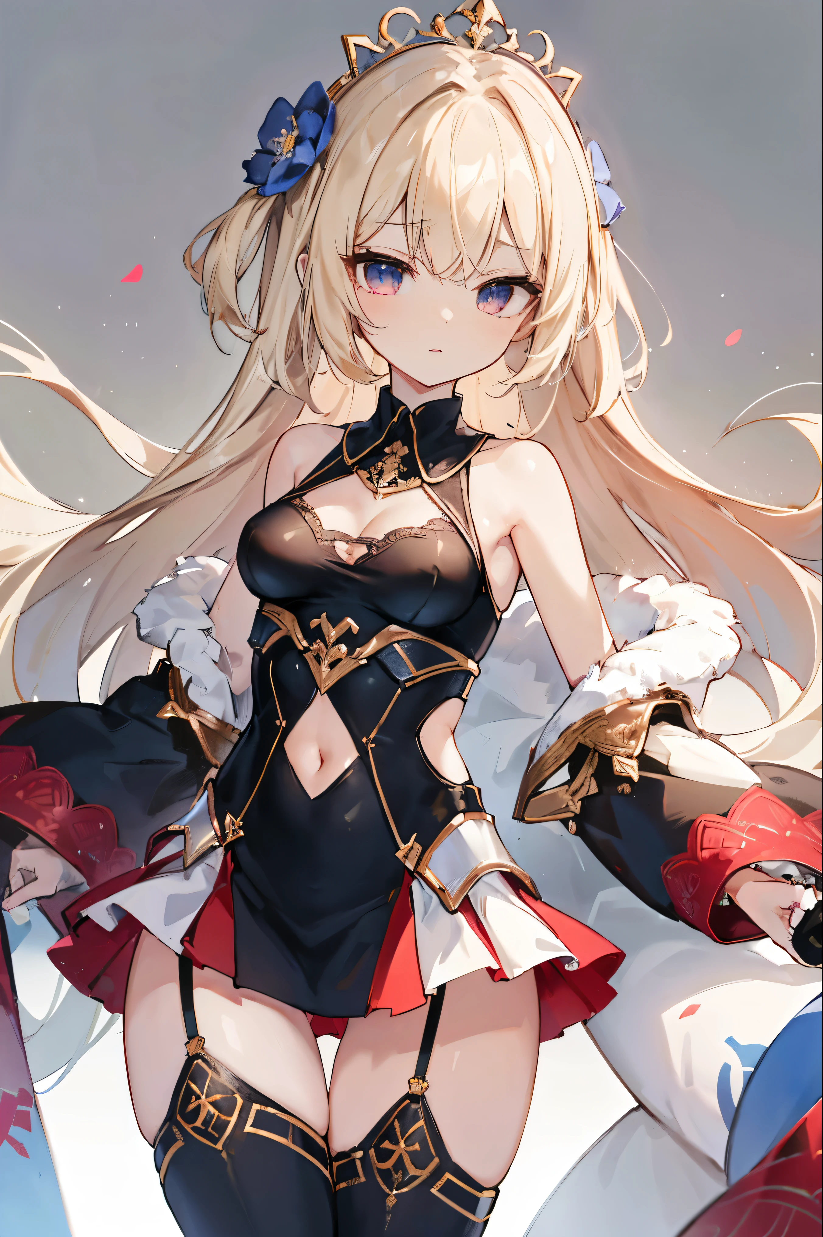 1girl, anime, cute girl, blank background, white background, fantasy, detailed fantasy dress with highlights, beautiful face, beautiful eyes, dark colors, black hair with multicolor streaks, red eye with different color pupil in eye, multicolor eye, medium breasts, slight cleavage, beautiful skin, cute, breast curtains, extremely delicate and beautiful, (beautiful detailed face:1.0), (detailed deep eyes), symmetrical breasts, deep eyes, shiny skin, portrait, slender waist, hips wider than shoulders, thighs, expressionless, young girl, luminous eyes, adorable,(Kpop idol),(aegyo sal:1),(Platinum blonde hair:1),((puffy eye)),Black panty,sexy posture,Superskirt, Ultra-high resolution,Black collar,slim figure, Abdominal y tattoo, womb tattoo,Tight-fitting leg ring,y tattoo on half-body,Bare skin, Armored hand,Hidden fingertips,Hand covered,Arm covered,Fist covered,{{beautiful detailed fingers}}, tufts of hair, moderate beautiful breast:1.0,(masterpiece:1.2), best quality, high-res, HDR, perfect face, intricate armor, delicate blue filigree, intricate filigree, red metalic parts, detailed part, dynamic pose, dynamic lights, cute face, neutral expression
