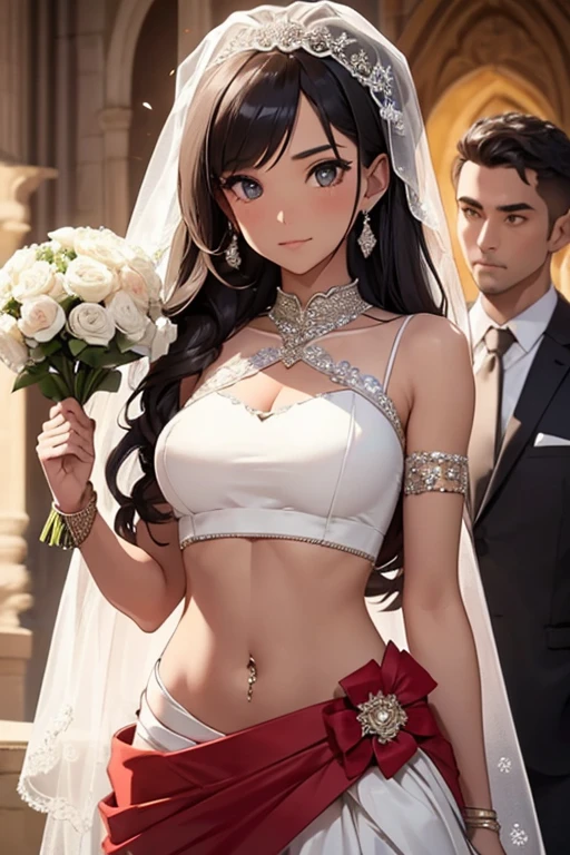 girl, crop top bridal dress showing navel, marry , holding a bouquet , (((the groom stand next to her)))