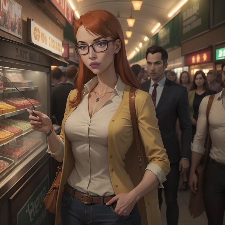 A very good looking 28 year old ginger haired female with large green eyes, glasses and heavily freckled pale skin. Carnival. Ferris wheel. Festival. Bright. Colourful. Fully clothed. Nice clothing. . collared shirt. Jacket. Slim. Narrow hips