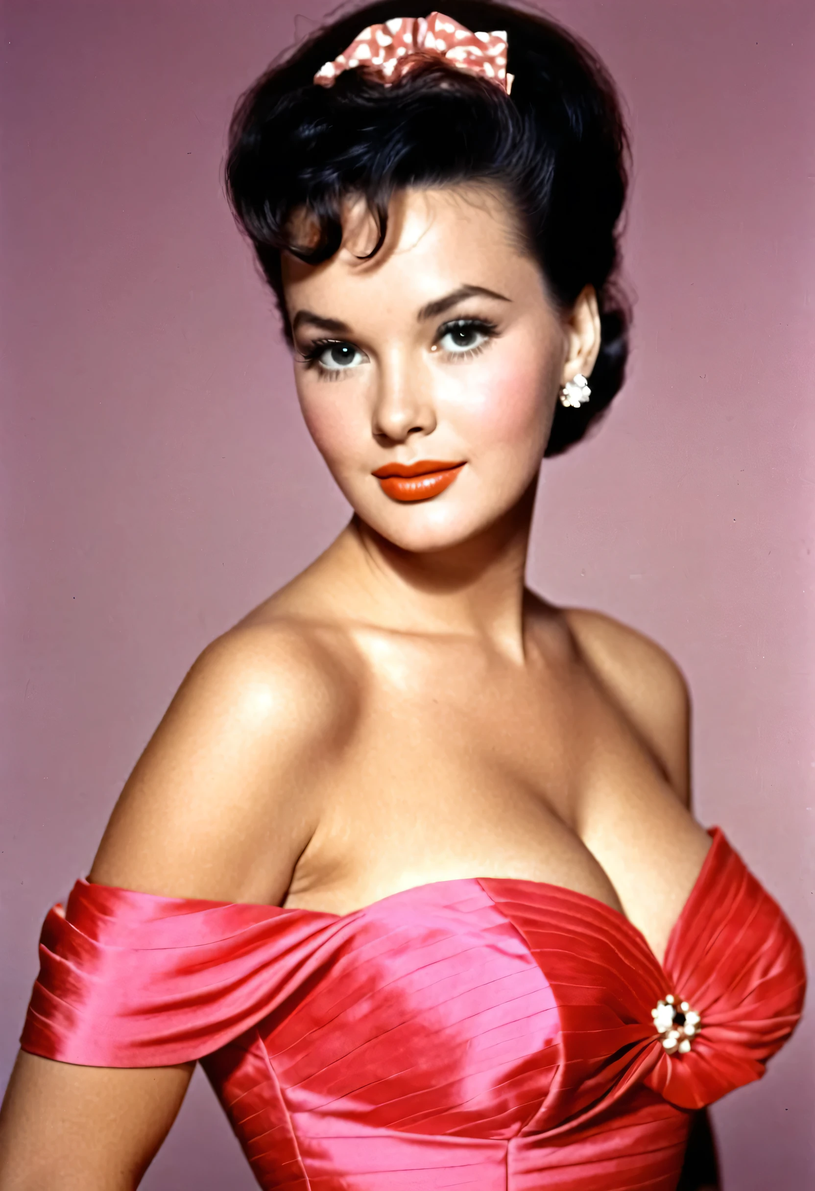 (Portrait of a beautiful mature housewife nude: 1.2), smiling, dark hair, saggy breasts, busty, naked, Black hair, the picture is taken with an analog camera in the 1950s. People wearing traditional 50s style clothes, people having traditional 50s haircuts, 50s look, highly detailed, slightly washed out pastel color, film photography, (full shot)