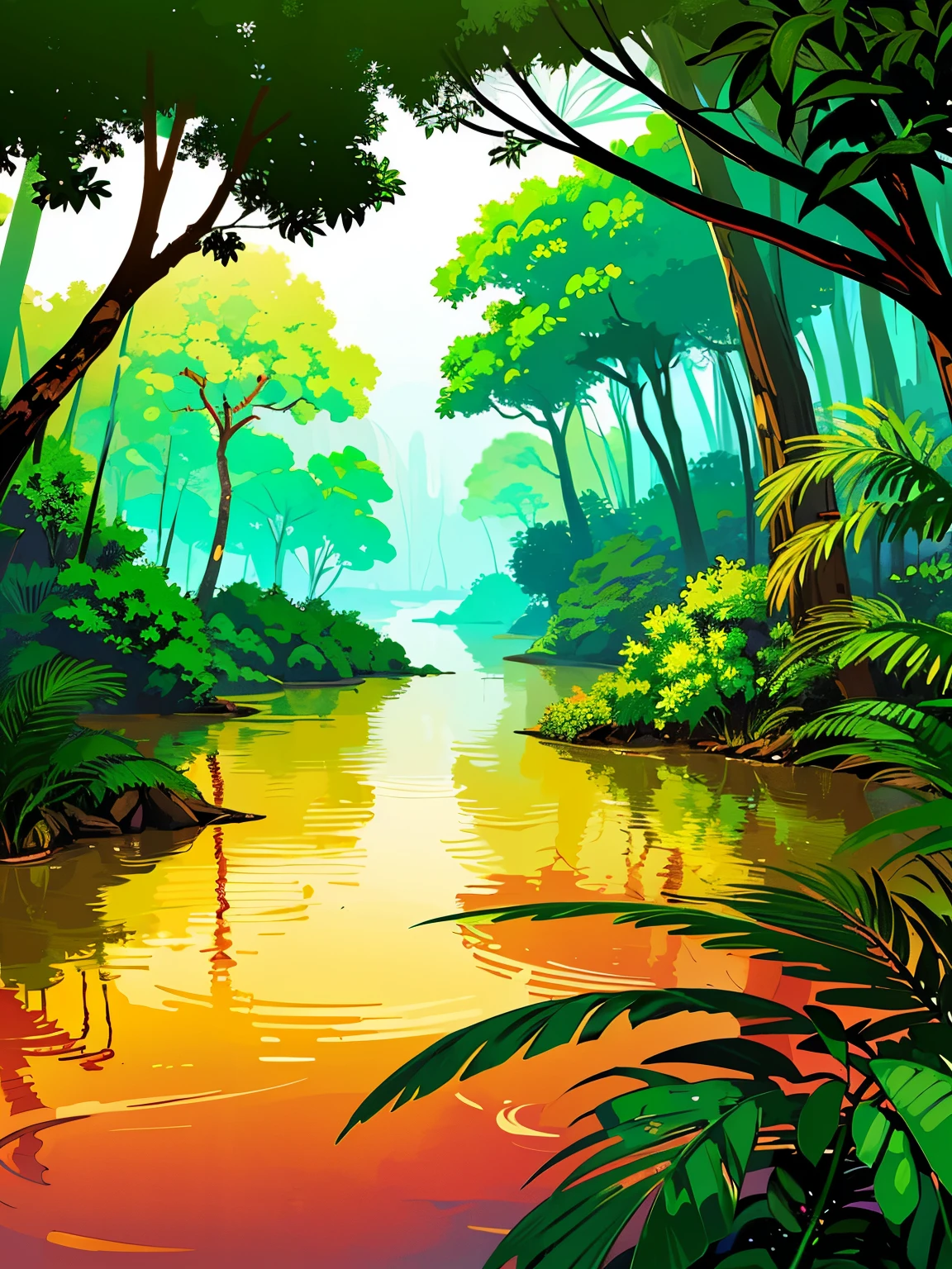 There are no people around、((Nobody is here))、((人工物がひとつもないNature))、((The dense and rugged Amazon River jungle))、There is no way、No buildings、Nature、High quality、Detailed