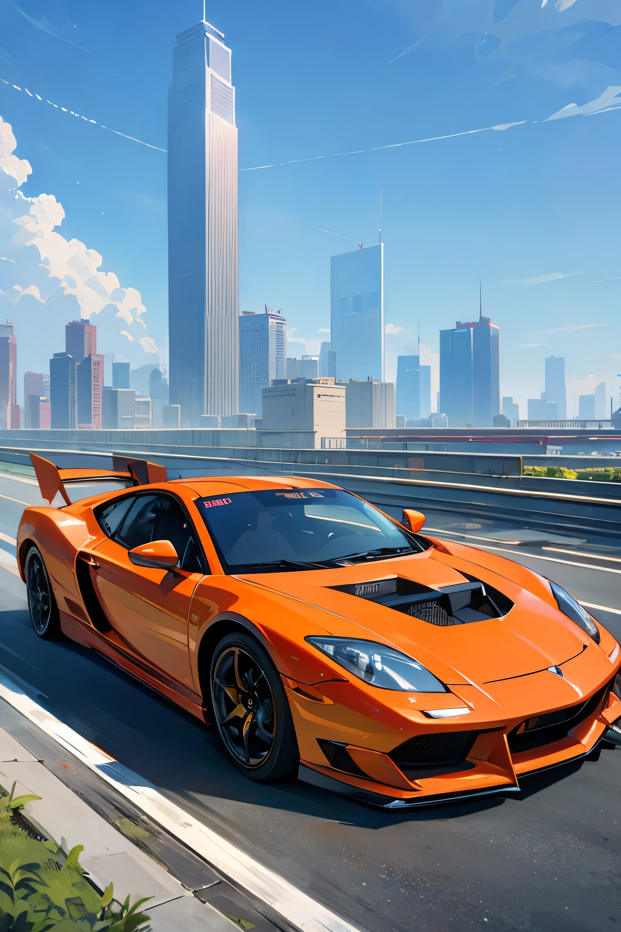 Super bright and modern metallic-vermillion racing car is running on the expressway,
City of high transportation technology complex, skyscrapers , and towers,
Good green environmental atmosphere,
Morning sunlight with blue sky and white cloud