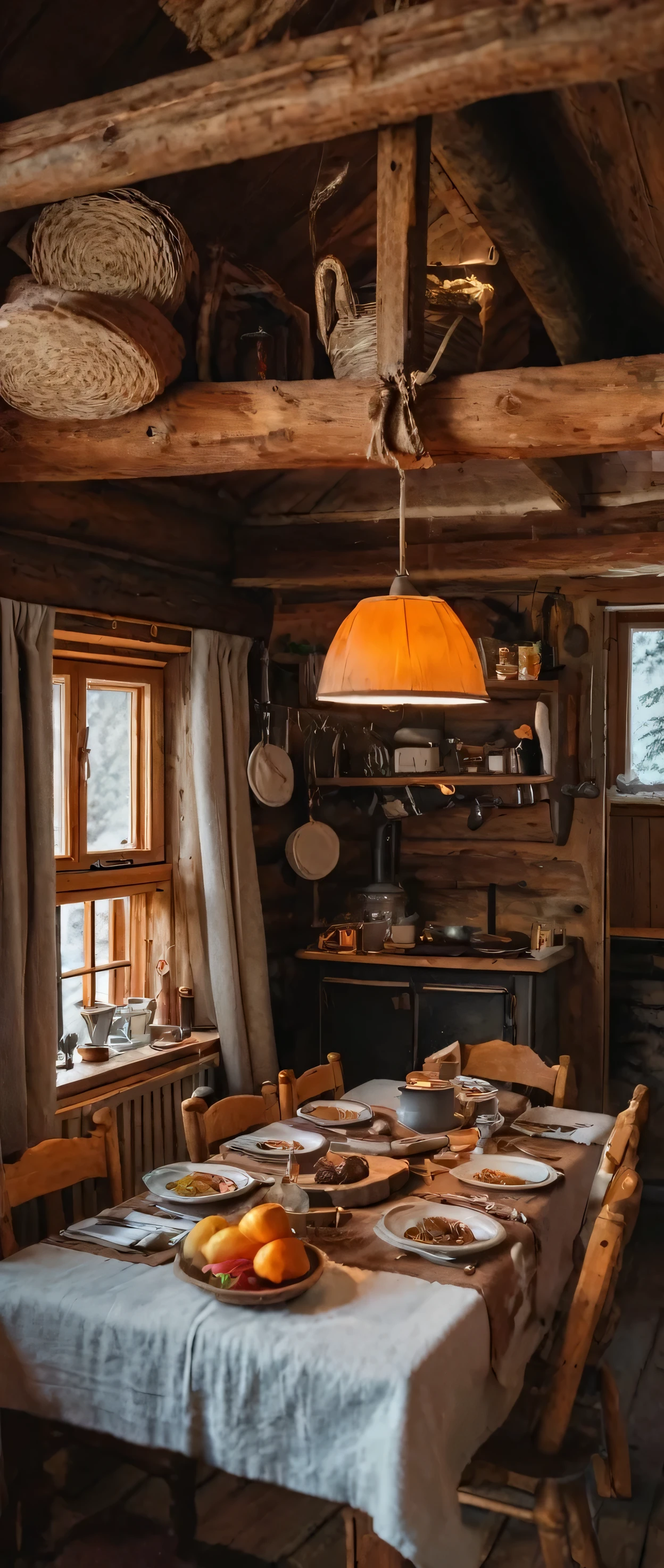 there is a table with food on it in a room, a portrait by Henrik Weber, flickr, fine art, cozy setting, cozy place, pleasant cozy atmosphere, cozy atmosphere, cozy and peaceful atmosphere, cozy environment, rustic setting, cottagecore, cottagecore!!, a wide full shot, cozy, wide shot of a cabin interior, warm interior