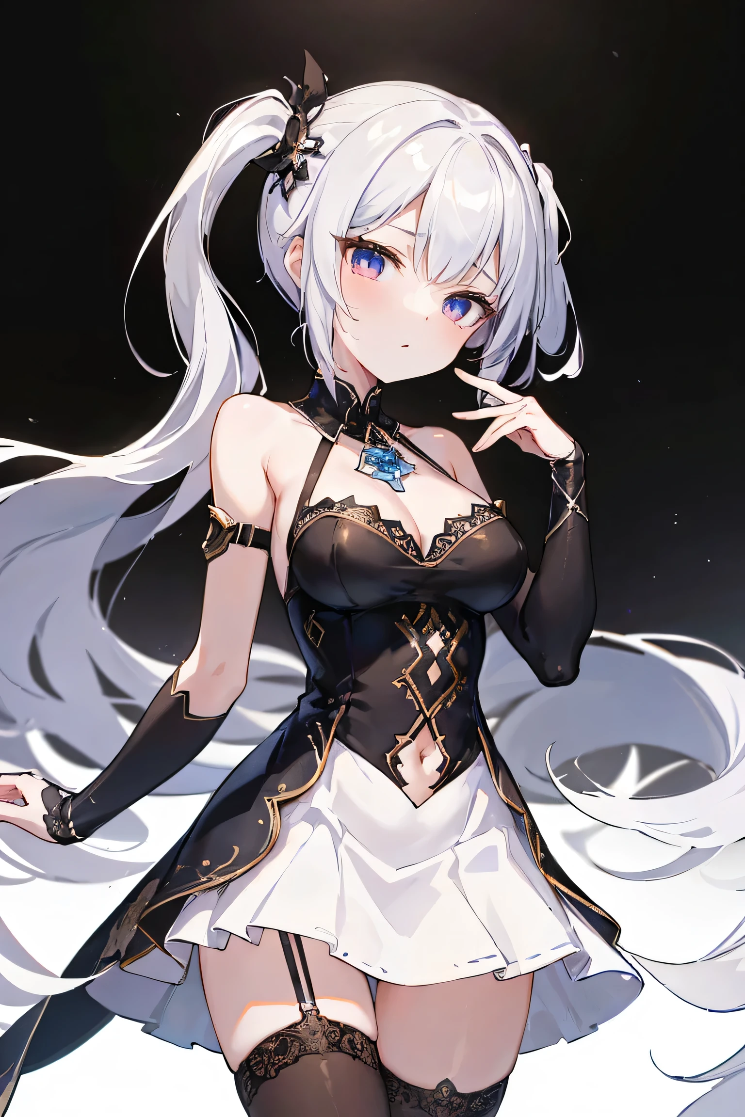 1girl, anime, cute girl, blank background, white background, fantasy, detailed fantasy dress with highlights, beautiful face, beautiful eyes, dark colors, black hair with multicolor streaks, red eye with different color pupil in eye, multicolor eye, medium breasts, slight cleavage, beautiful skin, cute, breast curtains, extremely delicate and beautiful, (beautiful detailed face:1.0), (detailed deep eyes), symmetrical breasts, deep eyes, shiny skin, portrait, slender waist, hips wider than shoulders, thighs, expressionless, young girl, luminous eyes, adorable,(Kpop idol),(aegyo sal:1),(Platinum blonde hair:1),((puffy eye)),Black panty,sexy posture,Superskirt, Ultra-high resolution,Black collar,slim figure, Abdominal y tattoo, womb tattoo,Tight-fitting leg ring,y tattoo on half-body,Bare skin, Armored hand,Hidden fingertips,Hand covered,Arm covered,Fist covered,{{beautiful detailed fingers}}, tufts of hair, moderate beautiful breast:1.0,(masterpiece:1.2), best quality, high-res, HDR, perfect face, intricate armor, delicate blue filigree, intricate filigree, red metalic parts, detailed part, dynamic pose, dynamic lights, cute face, neutral expression