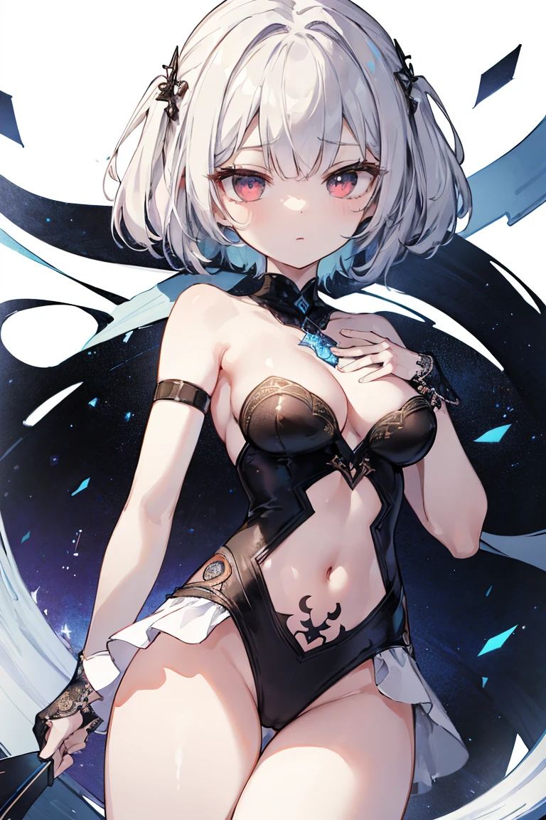 1girl, anime, cute girl, blank background, white background, fantasy, detailed fantasy dress with highlights, beautiful face, beautiful eyes, dark colors, black hair with multicolor streaks, red eye with different color pupil in eye, multicolor eye, medium breasts, slight cleavage, beautiful skin, cute, breast curtains, extremely delicate and beautiful, (beautiful detailed face:1.0), (detailed deep eyes), symmetrical breasts, deep eyes, shiny skin, portrait, slender waist, hips wider than shoulders, thighs, expressionless, young girl, luminous eyes, adorable，（Kpop idol）,（aegyo sal：1），（Platinum blonde hair：1），（（puffy eye）），Black panty，sexy posture，Superskirt, Ultra-high resolution，Black collar，slim figure, Abdominal y tattoo, womb tattoo，Tight-fitting leg ring，y tattoo on half-body，Bare skin, Armored hand，Hidden fingertips，Hand covered，Arm covered，Fist covered,{{beautiful detailed fingers}}, tufts of hair, moderate beautiful breast:1.0,(masterpiece:1.2), best quality, high-res, HDR, perfect face, intricate armor, delicate blue filigree, intricate filigree, red metalic parts, detailed part, dynamic pose, dynamic lights, cute face, neutral expression