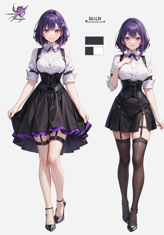 Purple hair,Rong hair,Adult female,Bartender,((Body harness)),((Rolling up your sleeves shirt)),(Corset),(Tight skirt),Garter belt,High heels,((Simple background)),Smile,((Full body)),((whole body)),Character Sheet,