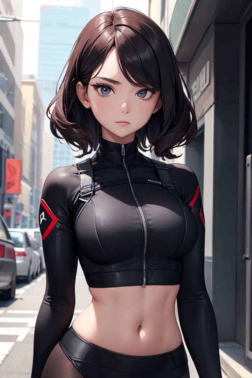 Girl, spy, black widow suit, crop top showing navel, 