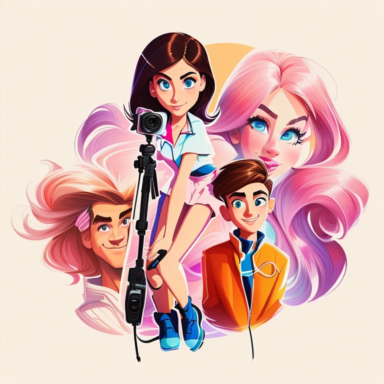 digital drawing, 4k, Comic Babes, there is a woman and a boy together with a camera, Cartoon style illustration, album art, cartoon art style, high quality portrait, generation z, cartoon art style cartoons, digital art. @mariomaniacdude, portrait of two people, boy and girl, in digital illustration style, realism artistic style, charli bowater and artgeem, cartoon digital painting