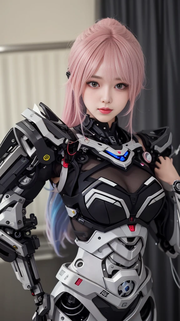 (masterpiece, best quality),  intricate details, 
1girl,      aira_shiratori_(dandadan),  pink hair, 
 reelmech, mechanical arms, wires, pistons, cyborg, prosthesis,