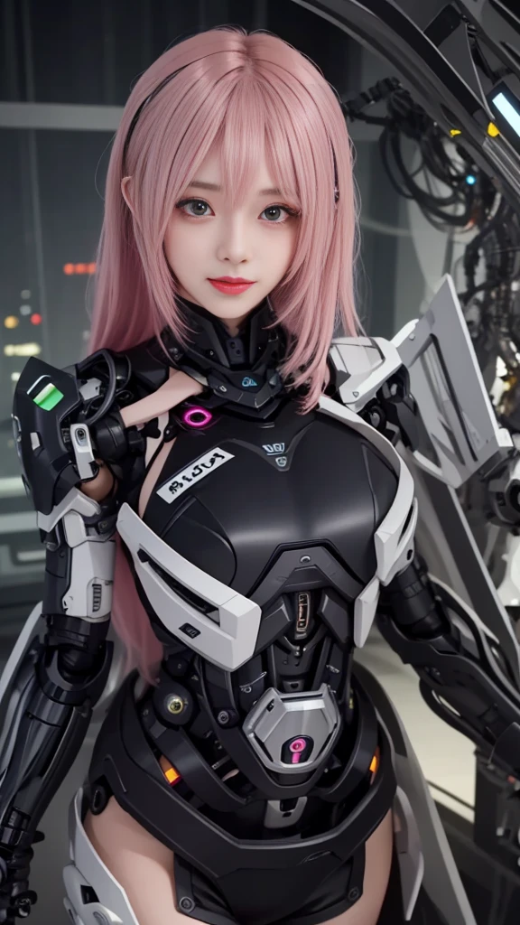 (masterpiece, best quality),  intricate details, 
1girl,      aira_shiratori_(dandadan),  pink hair, 
 reelmech, mechanical arms, wires, pistons, cyborg, prosthesis,