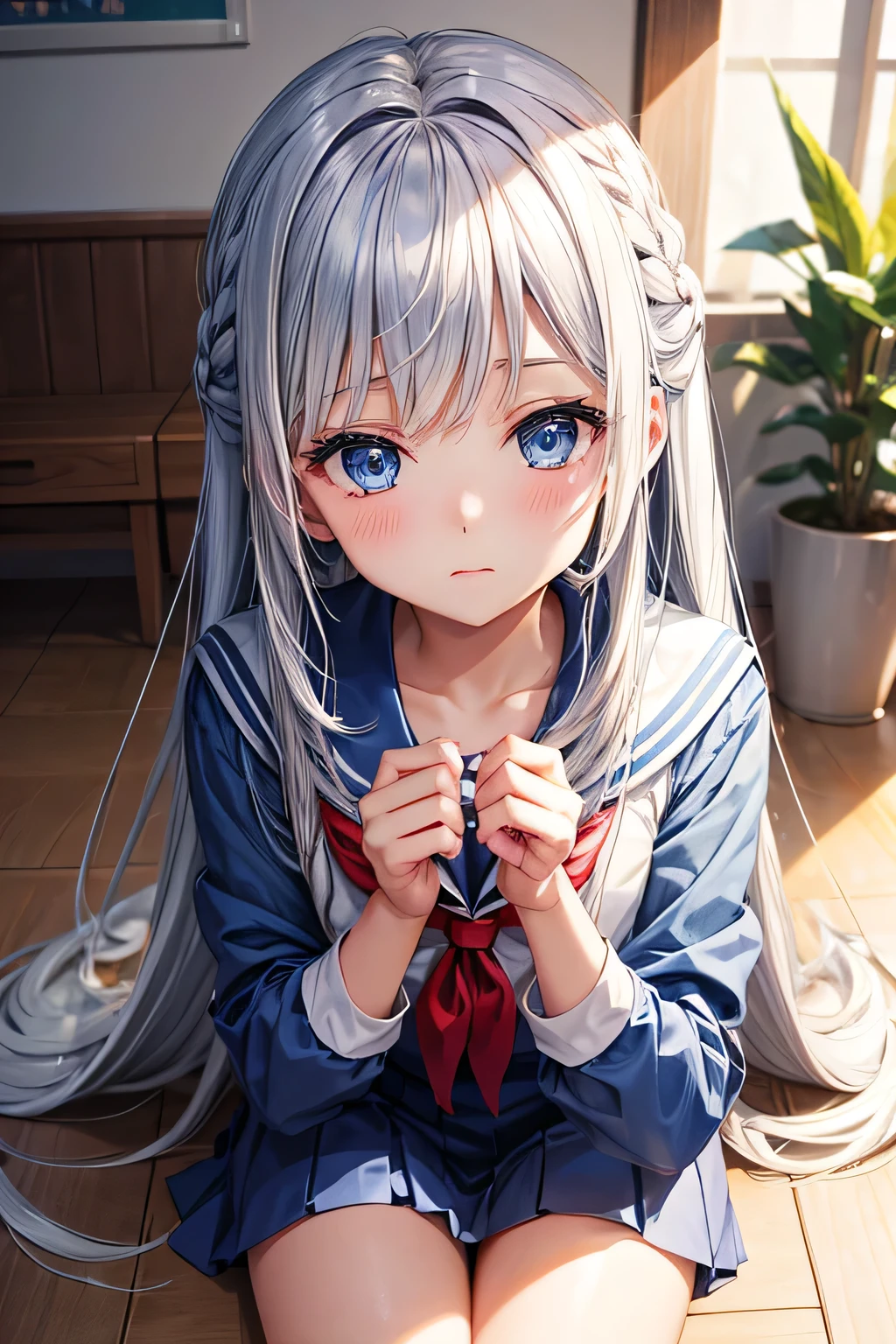 beautiful girl、Cute Girls、Silver Hair、long hair、blue eyes、high quality、Sailor suit、sexy、high school student