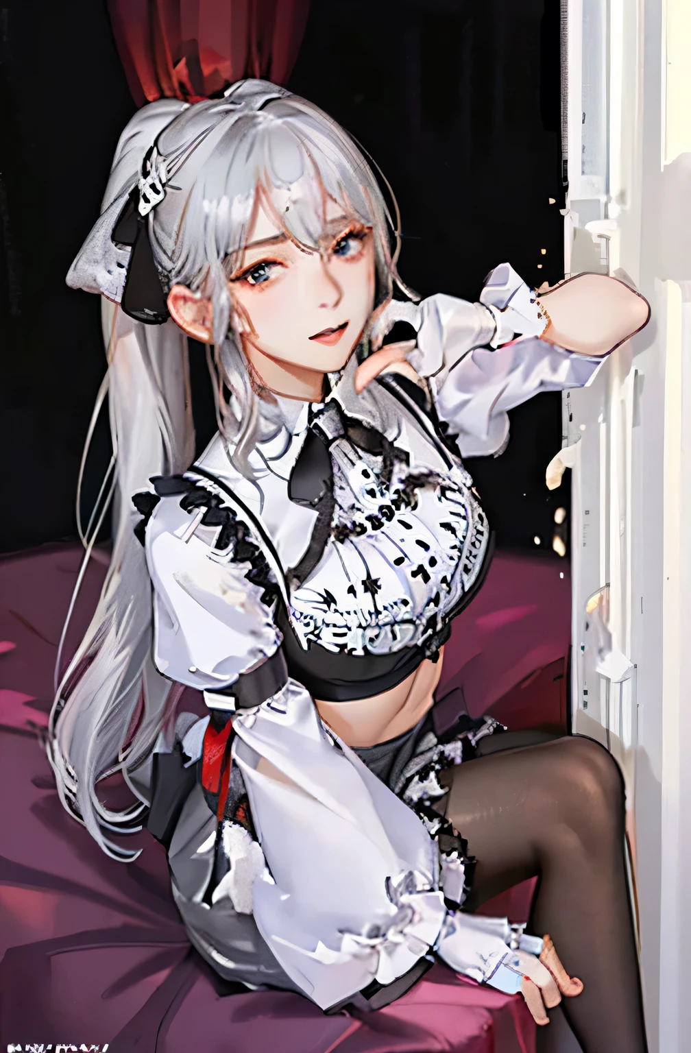 (((1 girl)),Ray Tracing,(Dim lighting),[Detailed Background (Bedroom)),((Silver Hair)),((Silver Hair)),(Fluffy Silver Hair, Plump and slender girl)) Raised ponytail)))) Avoid blonde eyes in the ominous Bedroom ((((Girls、She wears intricately embroidered black high-waisted pants and pantyhose.。) White frilly ribbon gloves), Showing off a delicate, slim figure and graceful curves, Correct limbs, Sitting on the bed、8K、Perfect female body、Red line clothes、8K、High quality、Naughty fashion、Big Breasts、Eros、Lingerie、Pink outfit、bikini