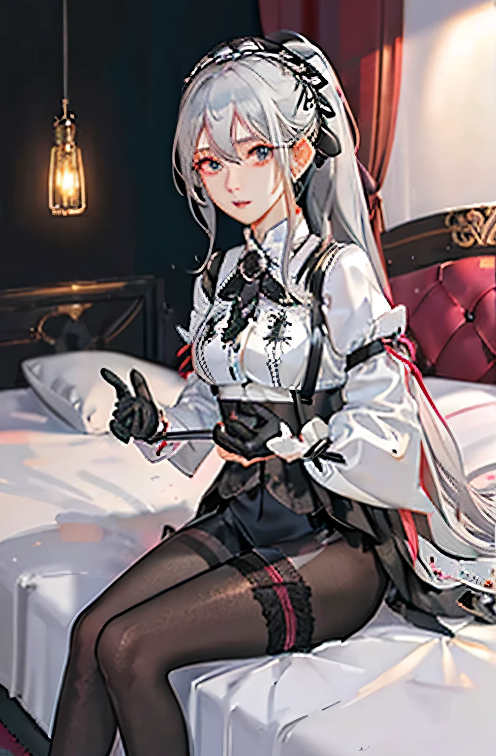 (((1 girl)),Ray Tracing,(Dim lighting),[Detailed Background (Bedroom)),((Silver Hair)),((Silver Hair)),(Fluffy Silver Hair, Plump and slender girl)) Raised ponytail)))) Avoid blonde eyes in the ominous Bedroom ((((Girls、She wears intricately embroidered black high-waisted pants and pantyhose.。) White frilly ribbon gloves), Showing off a delicate, slim figure and graceful curves, Correct limbs, Sitting on the bed、8K、Perfect female body、Red line clothes、8K、High quality、Naughty fashion、Big Breasts、Eros、Lingerie、Pink outfit、bikini