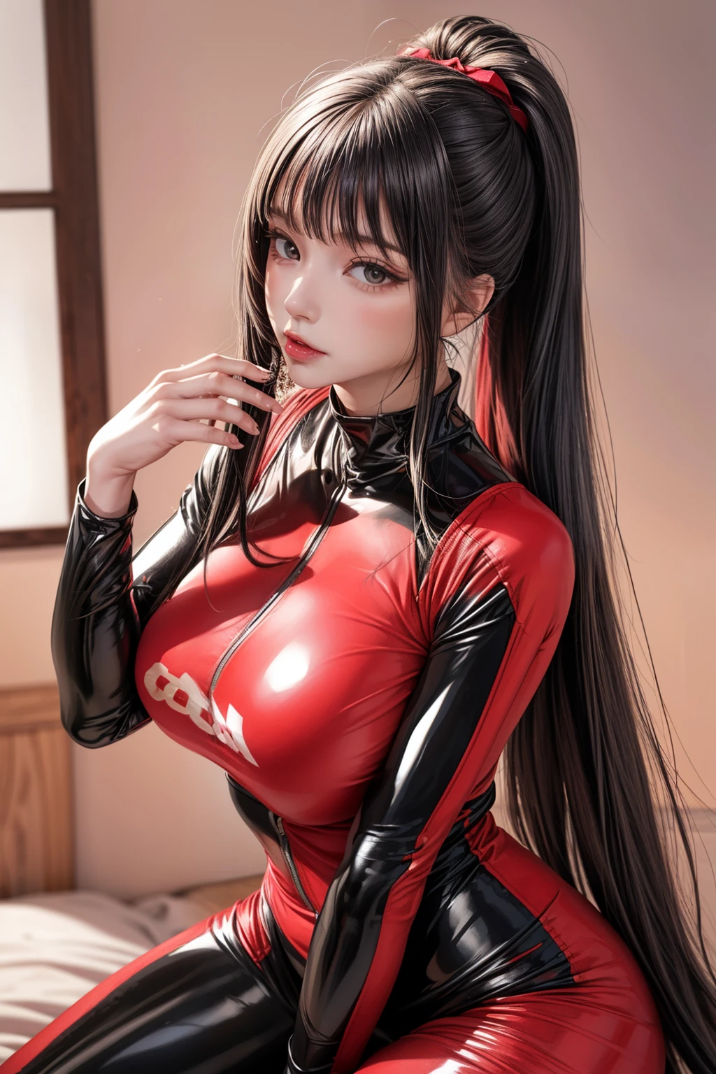 ((cola de caballo alta:1.5)),(((flequillo contundente,flequillo recto:1.1))),(((pelo negro muy largo, ridiculously long black hair:1.1))),skin completely covered by clothing, high detail, Full body, wearing (tight shirt:1.2), beautiful detailed face, hazel eyes, (attractive fitness woman:1.3), (seductive:1.1), (blushing:1.1), hourglass body shape, complete shiny aerobic black and red latex bodysuit, big round breasts