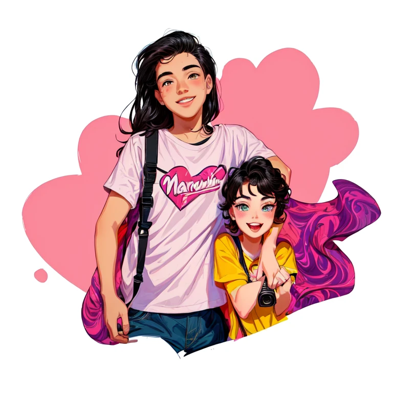 digital drawing, 4k, Comic Babes, there is a woman and a boy together with a camera, Cartoon style illustration, album art, cartoon art style, high quality portrait, generation z, cartoon art style cartoons, digital art. @mariomaniacdude, portrait of two people, boy and girl, in digital illustration style, realism artistic style, charli bowater and artgeem, cartoon digital painting
