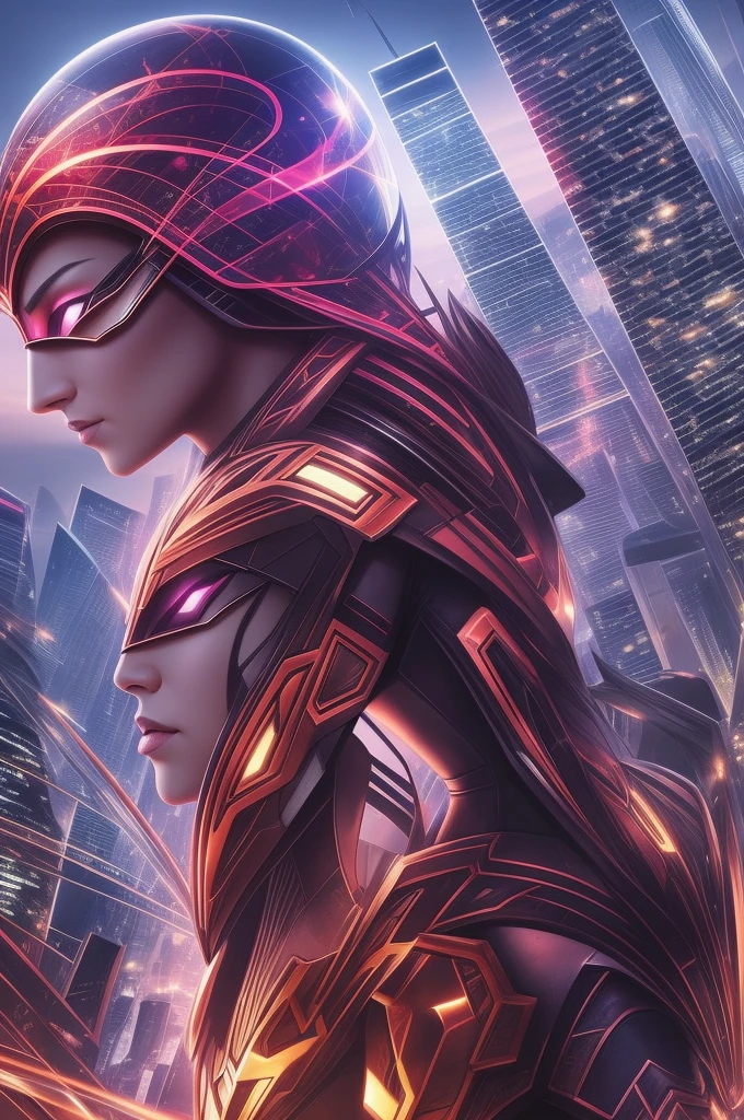 (masterful work), excellent quality, ultra-detailed world of the future, high resolution, dynamic viewing angle, dynamic pose, (1 hero / heroine), futuristic city, brilliant feeling, new energy, buildings, skyscraper lights, bright signs, highlights and shadows, thoughtful color scheme.