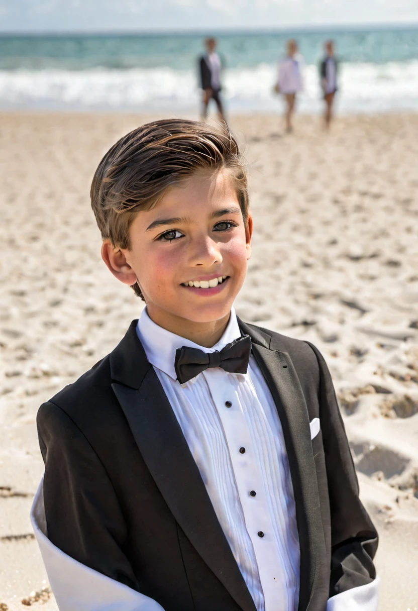 Beautiful and realistic 14 year old boy in tuxedo on the beach, carasultra detalladas, Red de voleibol en segundo plano., fotorrealista mejor calidad Imgen, EOS R7 mirrorless camera + Objetivo RF-S 18-150mm F3.5-6.3 IS STM de Canon