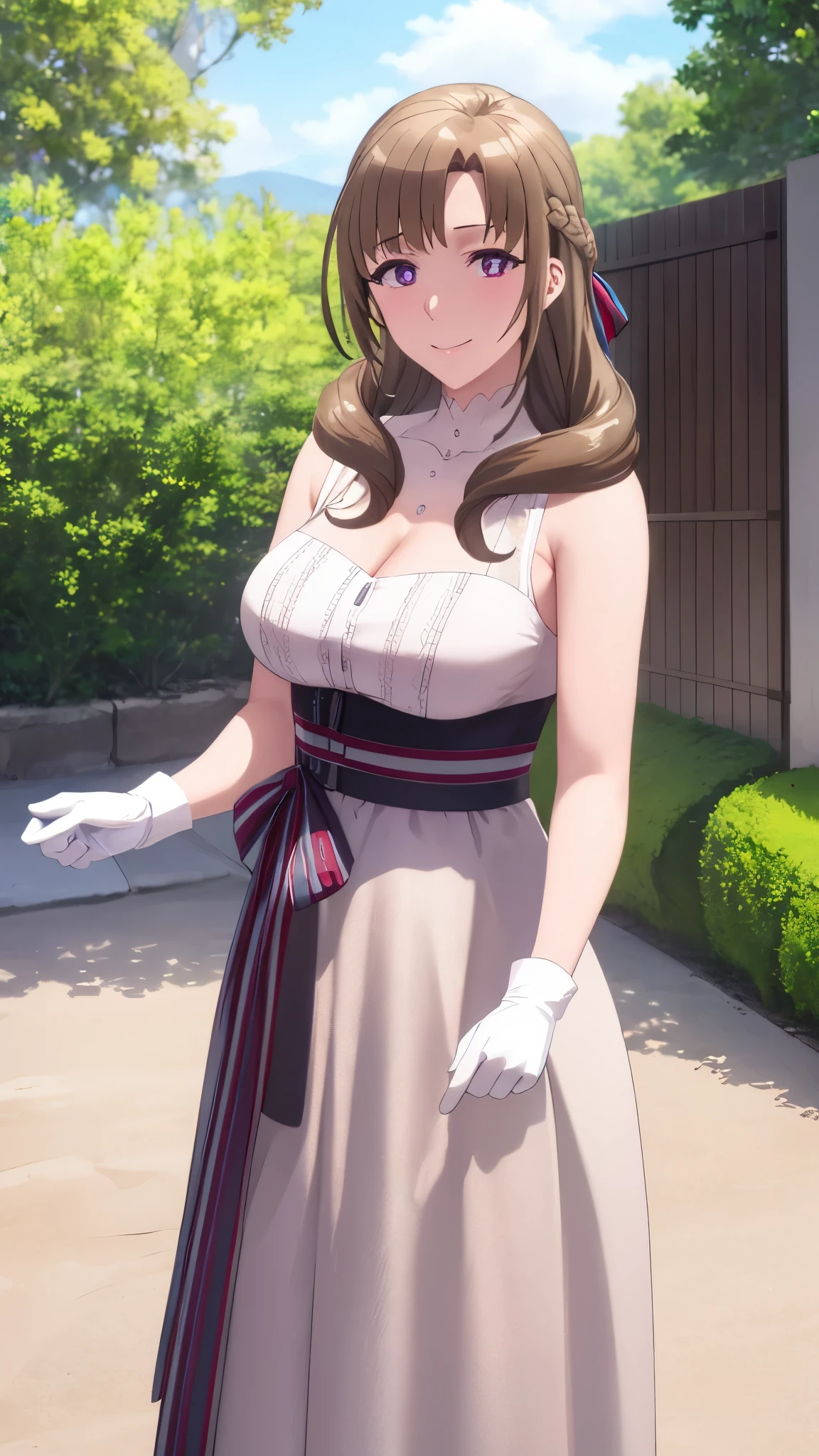 masterpiece, (best quality), 1woman,1girl ,mamako_oosuki,   brown hair,  long hair, french braid, purple eyes,mature female, dress, white dress,(big and large breasts), ribbon,sexy woman,smile,  white gloves,closed clothes, embarrassed,blush,  bare shoulders, vibrant colors ,natural lighting  ,RTX,  , beautiful, (detailed face:1.2), showcase, (perfect eyes:1.1) ,(photorealistic:1.1), 8k uhd,  looking at viewer, outdoors,  simple backround,