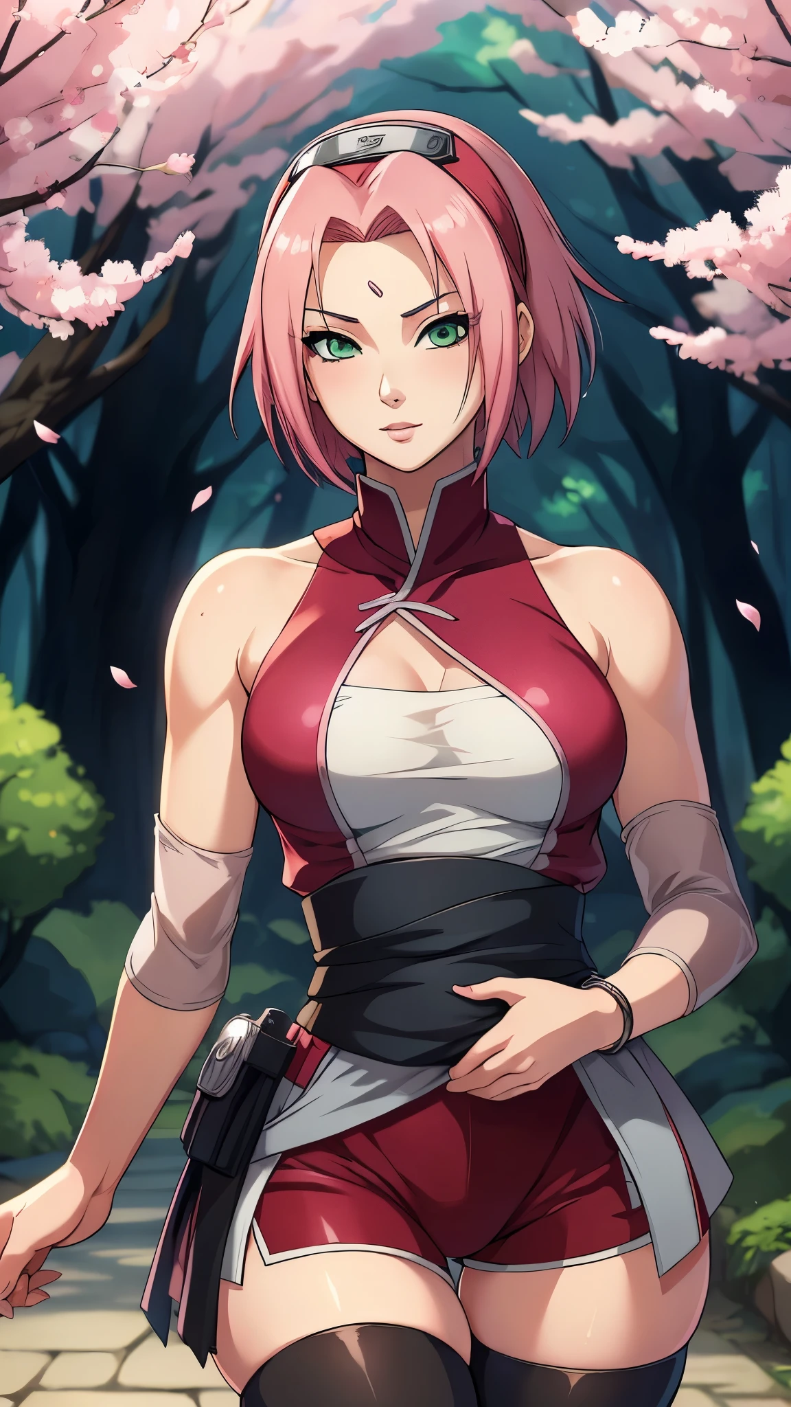 ((ultra quality)), ((masterpiece)), haruno sakuro, naruto, ((pink short hair)), (beautiful cute face), (beautiful female lips), charming, ((sexy facial expression)), looks at the camera, eyes slightly open, (skin color white), (blue skin), glare on the body, ((detailed beautiful female eyes)), ((green eyes)), (juicy female lips), (black eyeliner), (beautiful female hands), ((ideal female figure)), ideal female body, beautiful waist, gorgeous thighs, beautiful small breasts, ((subtle and beautiful)), stands temptingly (close up of face), (sakura haruno clothing, black tight shorts leggings, Hidden Leaf Village shinobi clothing) background: hidden leaf village, naruto shippuden, ((depth of field)), ((high quality clear image)), (clear details), ((high detail)), realistically, professional photo session, ((clear focus)), anime