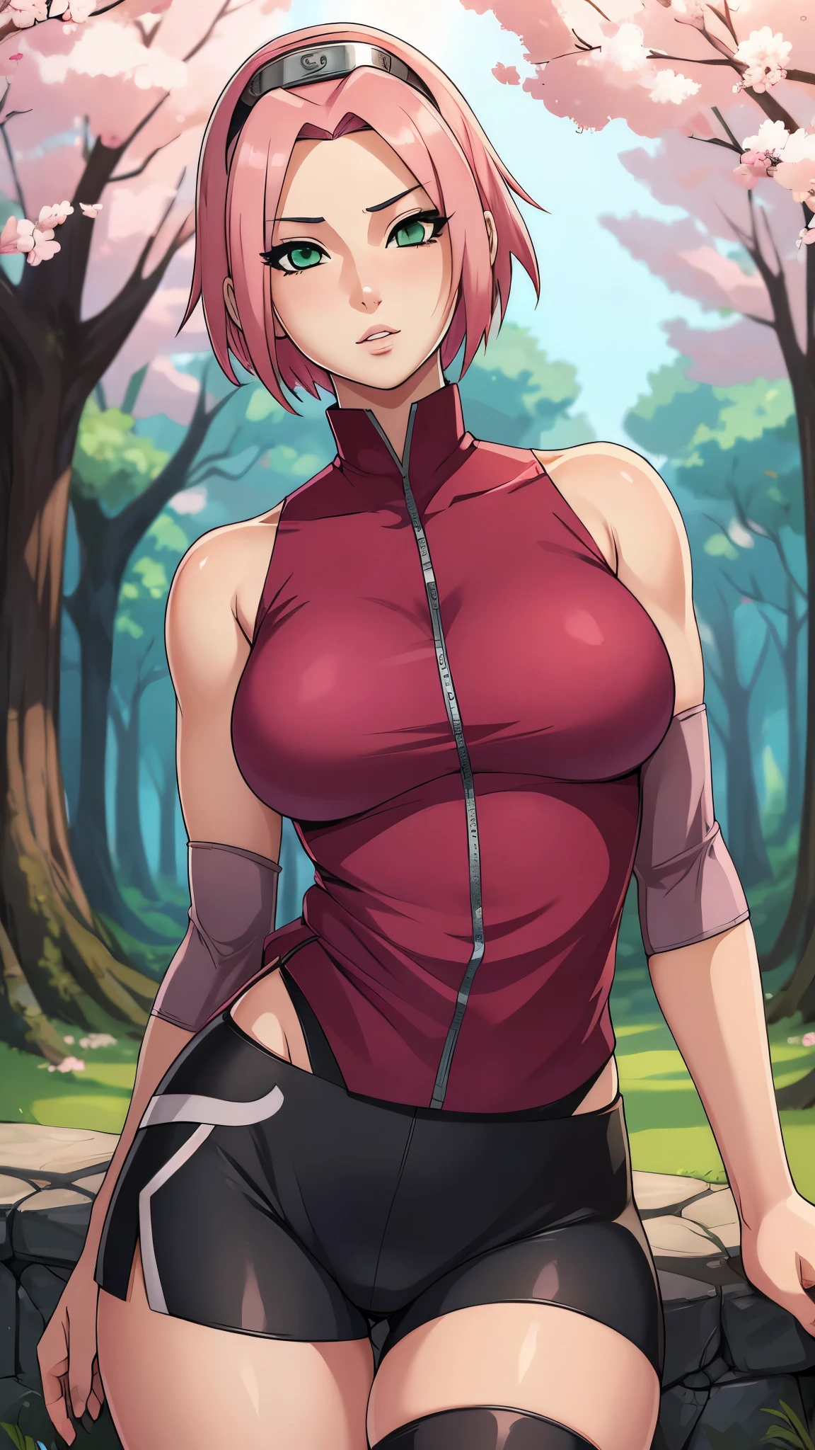 ((ultra quality)), ((masterpiece)), haruno sakuro, naruto, ((pink short hair)), (beautiful cute face), (beautiful female lips), charming, ((sexy facial expression)), looks at the camera, eyes slightly open, (skin color white), (blue skin), glare on the body, ((detailed beautiful female eyes)), ((green eyes)), (juicy female lips), (black eyeliner), (beautiful female hands), ((ideal female figure)), ideal female body, beautiful waist, gorgeous thighs, beautiful small breasts, ((subtle and beautiful)), stands temptingly (close up of face), (sakura haruno clothing, black tight shorts leggings, Hidden Leaf Village shinobi clothing) background: hidden leaf village, naruto shippuden, ((depth of field)), ((high quality clear image)), (clear details), ((high detail)), realistically, professional photo session, ((clear focus)), anime