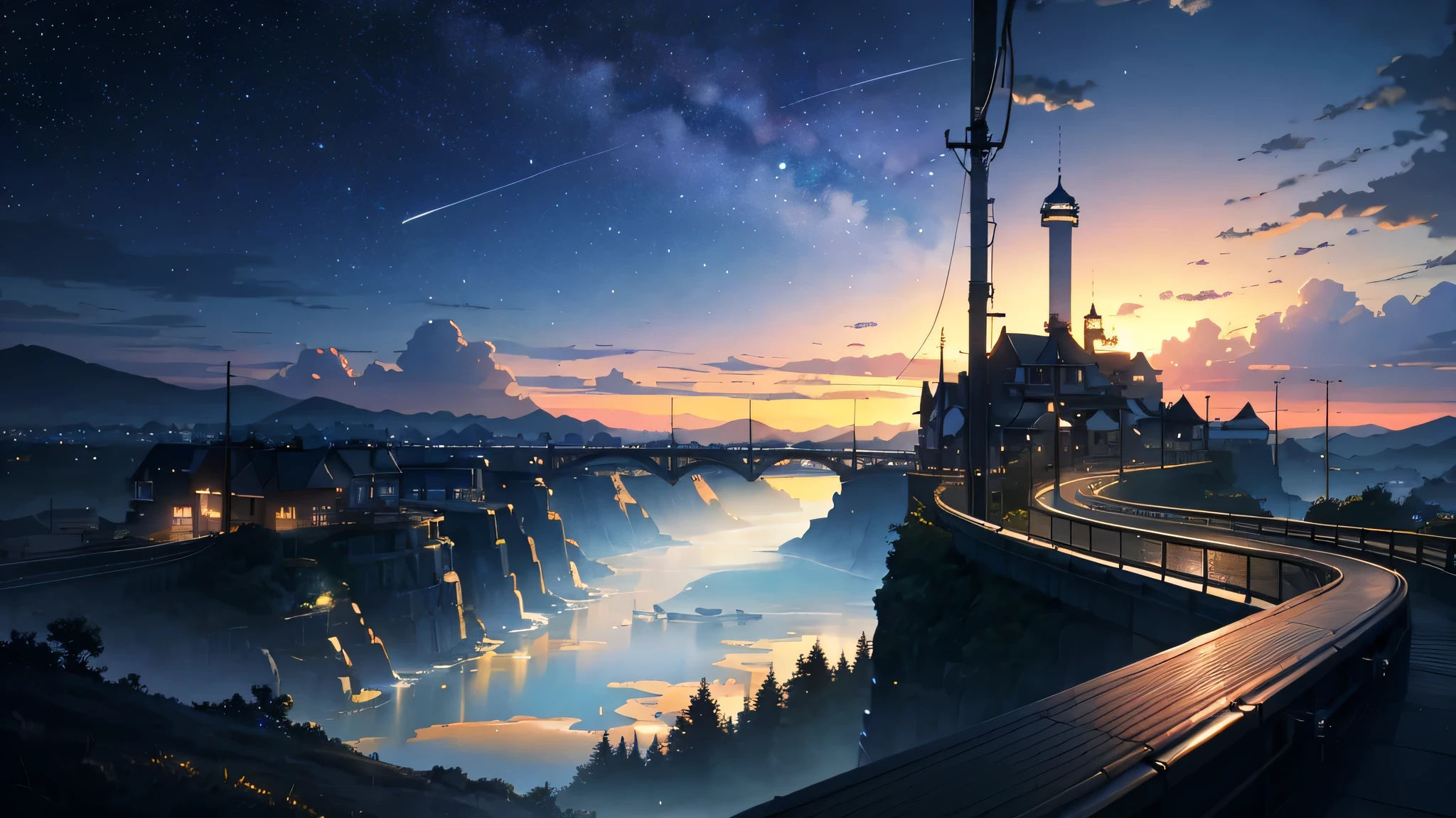 High quality masterpiece ，landscape，Animated train passing through water on the tracks， Starry Sky。Romantic Train，Pixiv，Concept Art，Lofi Artスタイル，Reflective plate。 by makoto shinkai, Lofi Art, Beautiful anime scene, Anime landscape, Detailed landscape — width 672, in Makoto Shinkai&#39;s Style, Makoto Shinkai&#39;s Style，Detail enhancement。