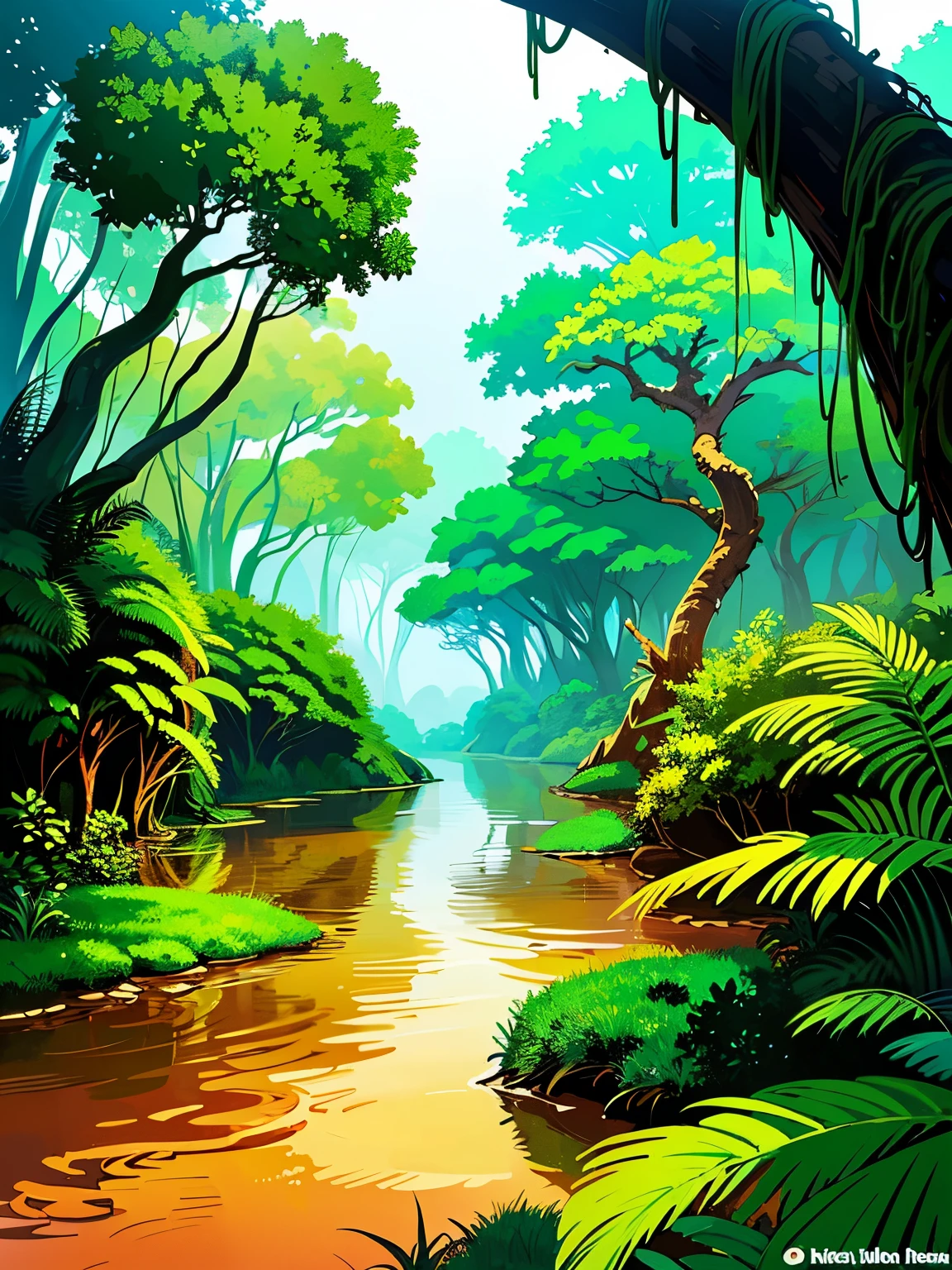 There are no people around、((Nobody is here))、((人工物がひとつもないNature))、((The dense and rugged Amazon River jungle))、There is no way、No buildings、Nature、High quality、Detailed