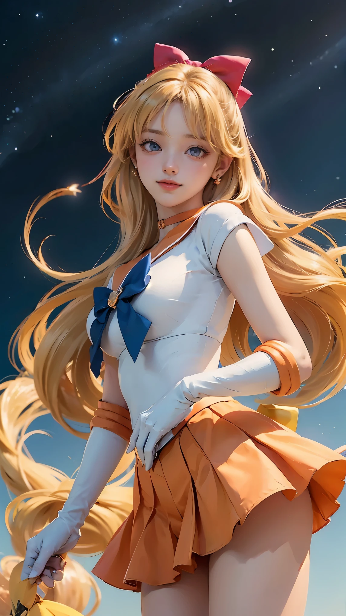 (masterpiece), (best quality), (ultra detailed),(illustration), (1girl),looking at viewer, (interview),beautiful detailed eyes, delicate beautiful face, Floating,(high saturation),(shining), sv1, Venus 1, Sailor Senshi Uniform, Sailor Venus, Minako Aino, Blonde Hair, Magical Girl, Blue Eyes, White Panties, Orange Skirt, Elbow Gloves, Tiara, Pleated Skirt, Hair Ribbon, Orange Sailor Color, Mini Skirt, Choker, Red Bow, Orange Choker, White Gloves, Very Long Hair, jewelry, earrings, smile,