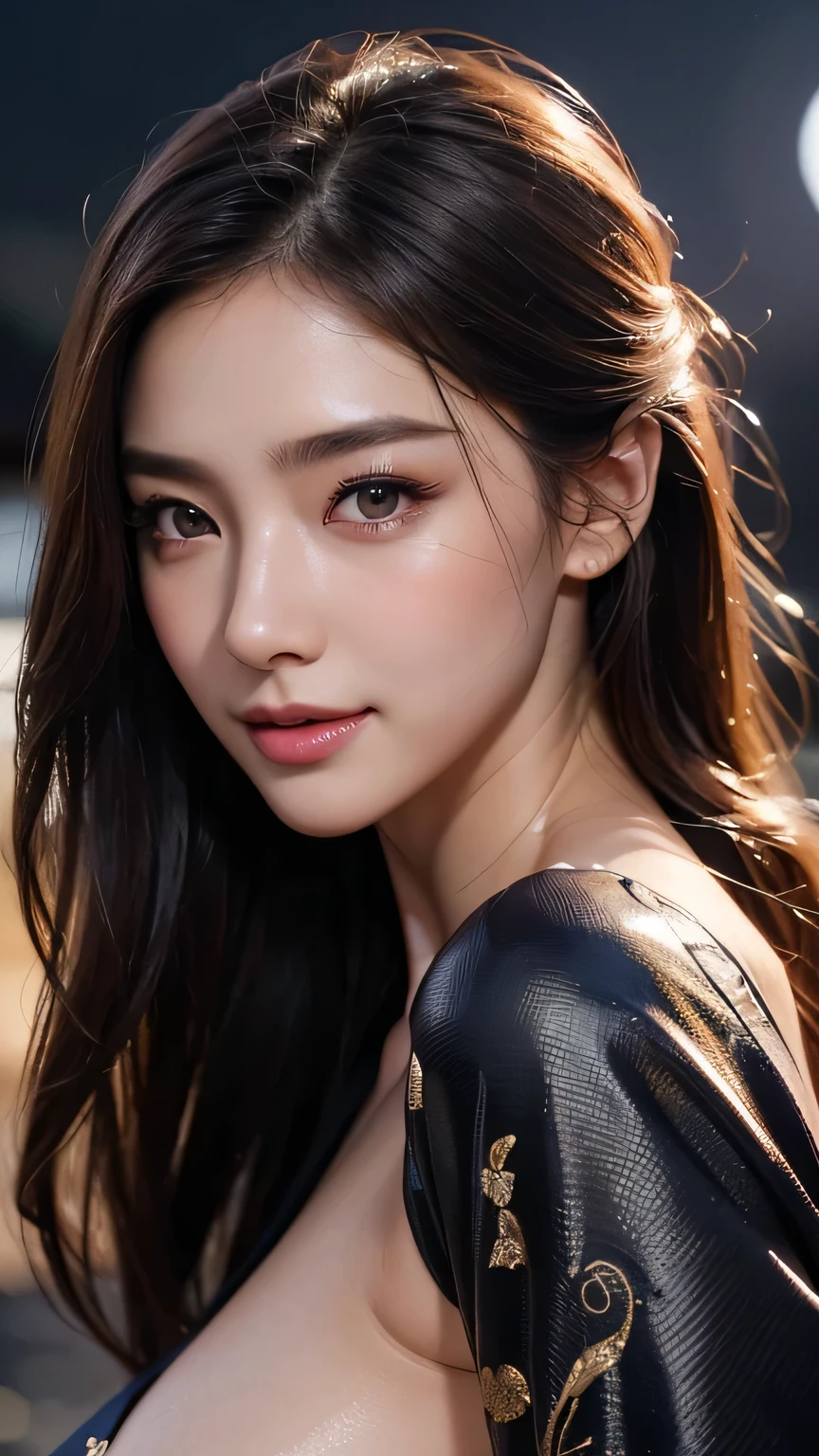 Beautiful woman in kimono,Body Portrait、8k,Beautiful and beautiful eyes,Dindal effect、masterpiece, 最high quality, high quality, High resolution、Very detailed photos、(Natural skin texture、Fine skin、Hyperrealism、Ultra Sharpness)、Skin with attention to detail、(Very detailed、Fine skin texture、Intricate details、Beautiful Face、(A vivid face)、Realistic eyes、Beautiful and detailed、Realistic Skin、Beautiful Skin、Surreal、Very detailed、Golden Ratio、With a smile、((Night moonlight background))、Body Portrait、G-Cup、Big Breasts,glamorous,Shiny bodysuit