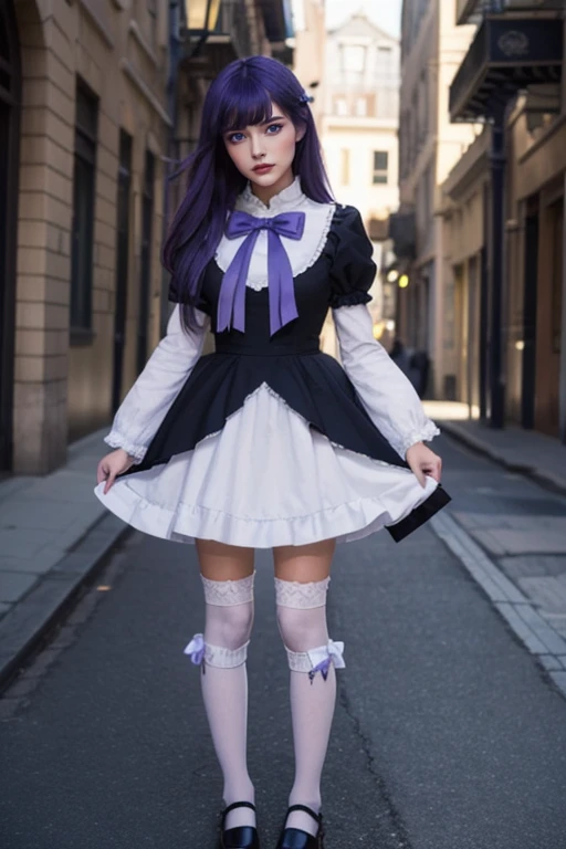 (masterpiece, best quality), 1girl, frederica bernkastel, purple eyes, purple hair, long hair, purple bow, dress, frills, white kneehighs, kneehighs bow, mary janes, amazingly beautiful girl, 32k RAW photography, professional photoshoot,